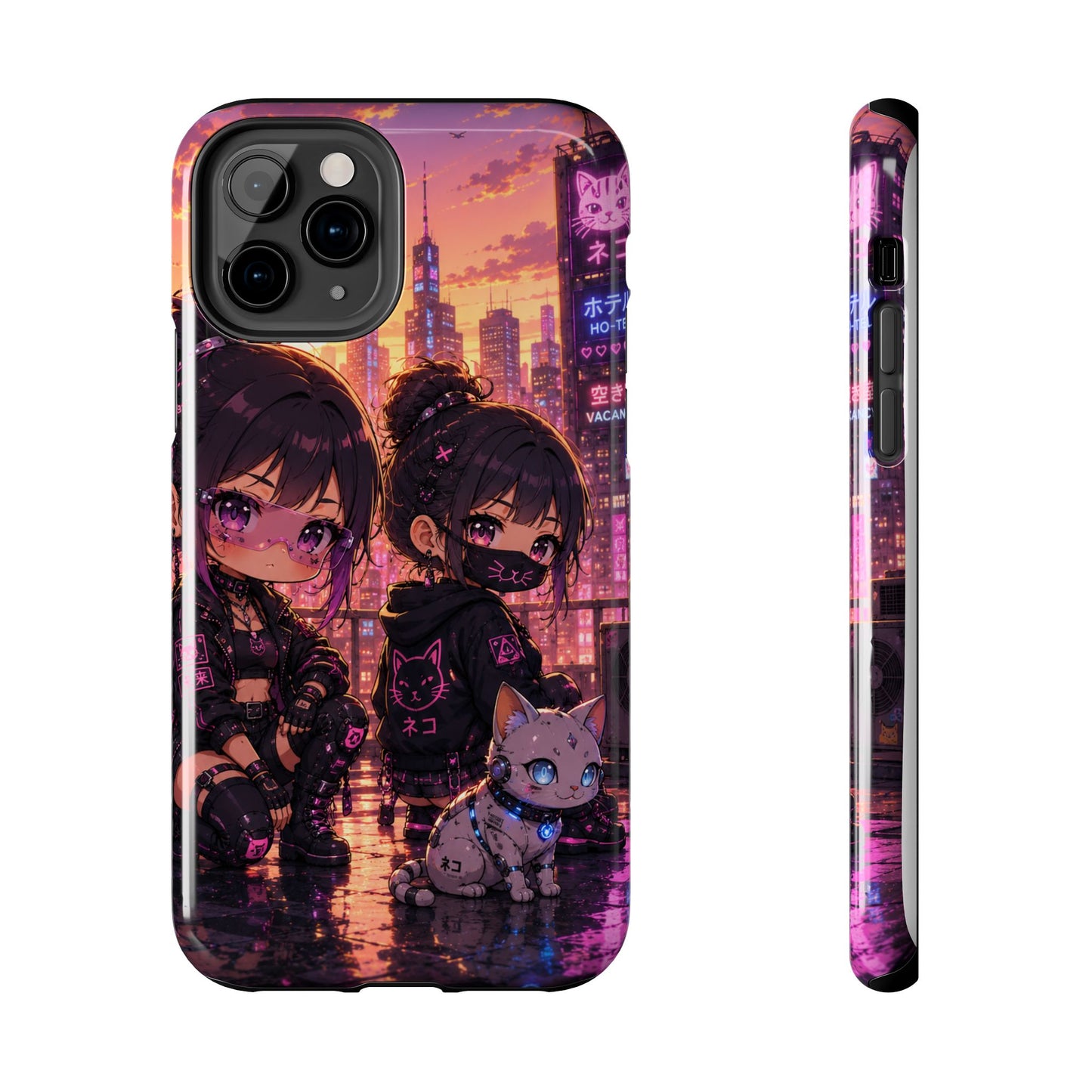 Anime City Night Tough Phone Case — Kawaii Cyberpunk Characters & Cat