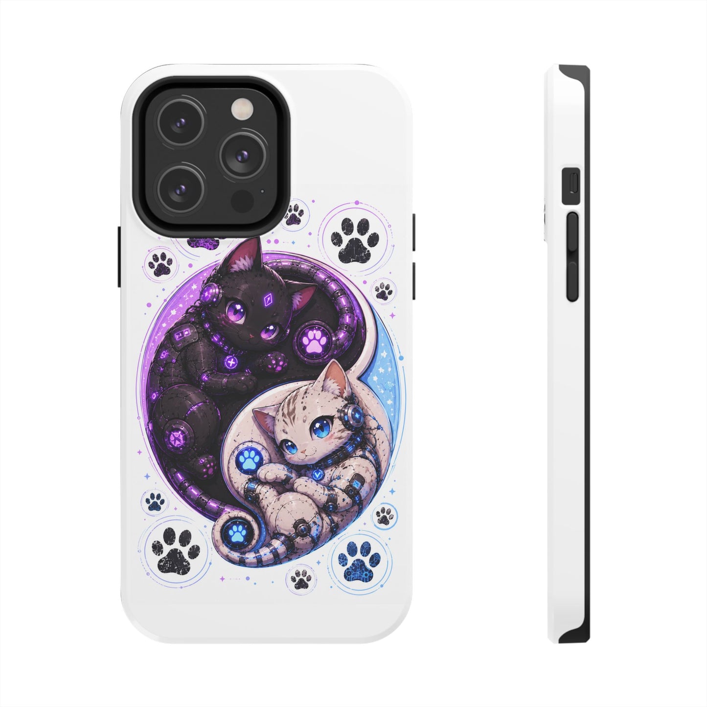 Cat Yin Yang Tough Phone Case — Black & White Kittens, Paw Print Protective Cover