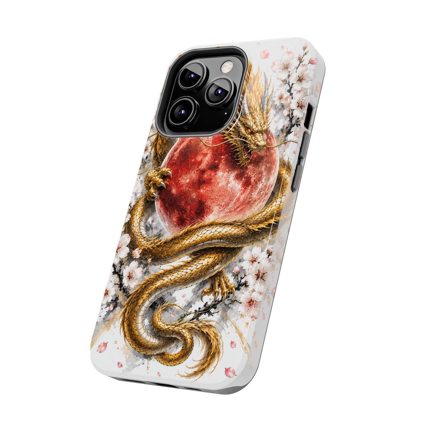 Golden Dragon Phone Case — Red Moon & Cherry Blossom Tough Phone Case