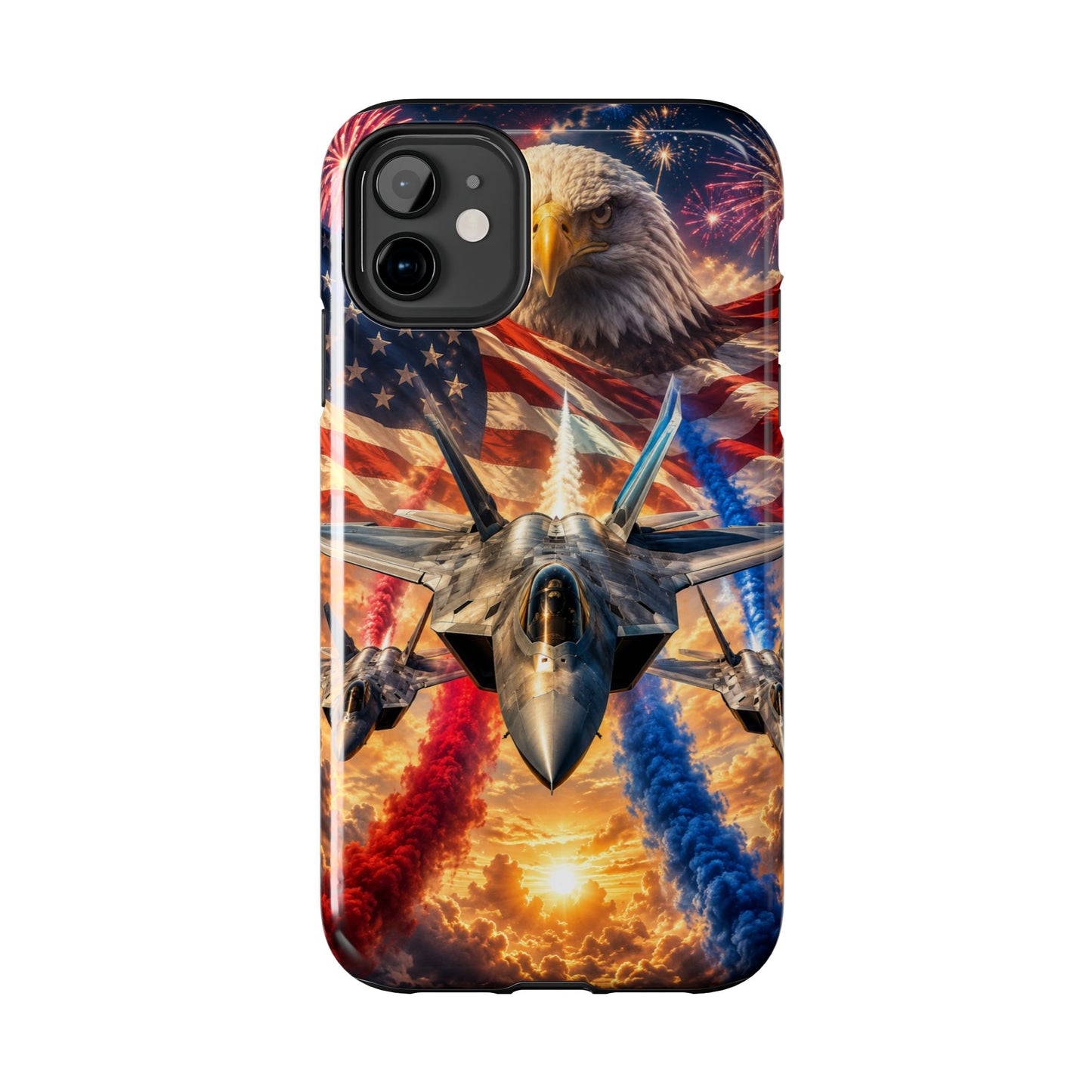 Patriotic Fighter Jet Phone Case with Eagle, American Flag & Fireworks Design