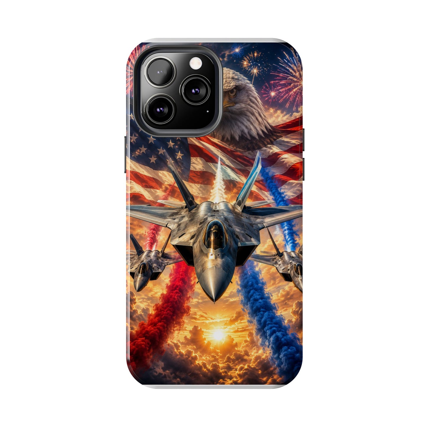 Patriotic Fighter Jet Phone Case with Eagle, American Flag & Fireworks Design