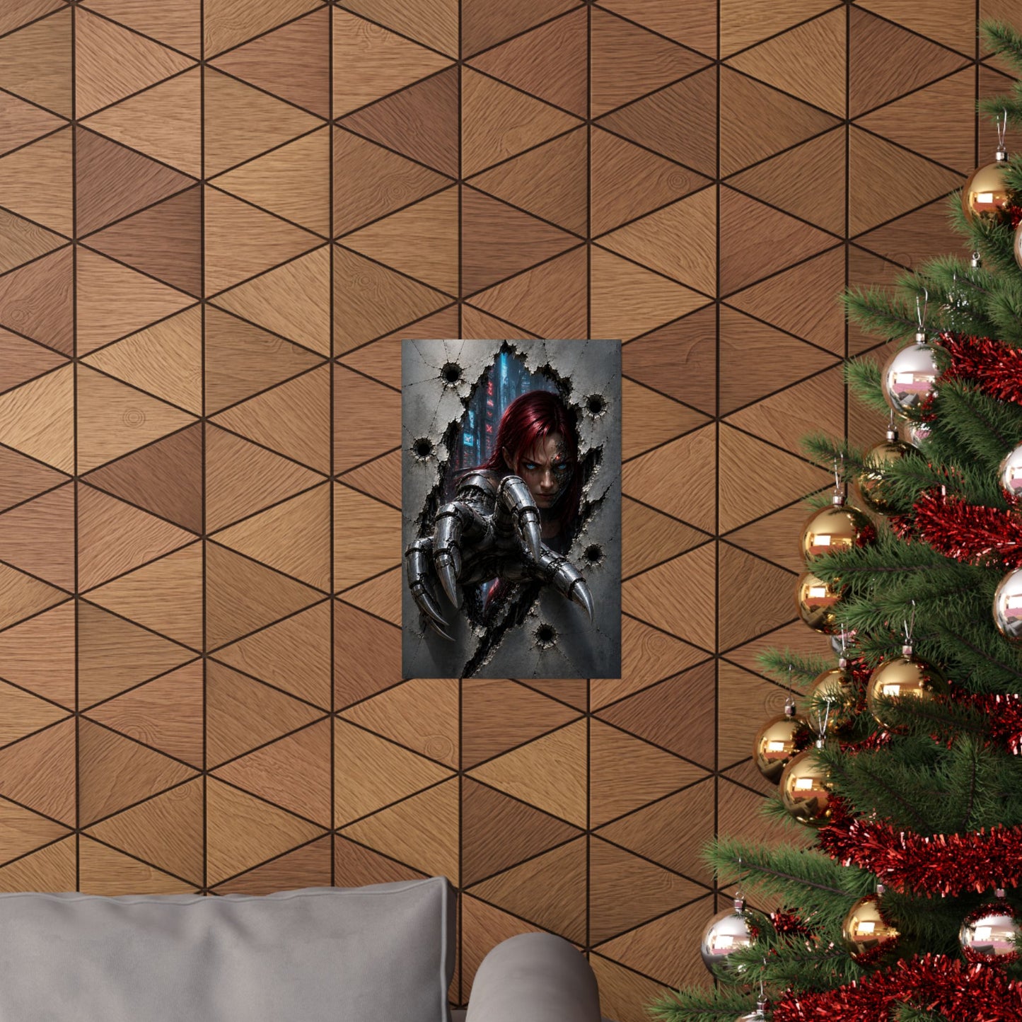 Cyberpunk Assassin Matte Poster — Red-Haired Cyborg Claw Wall Art