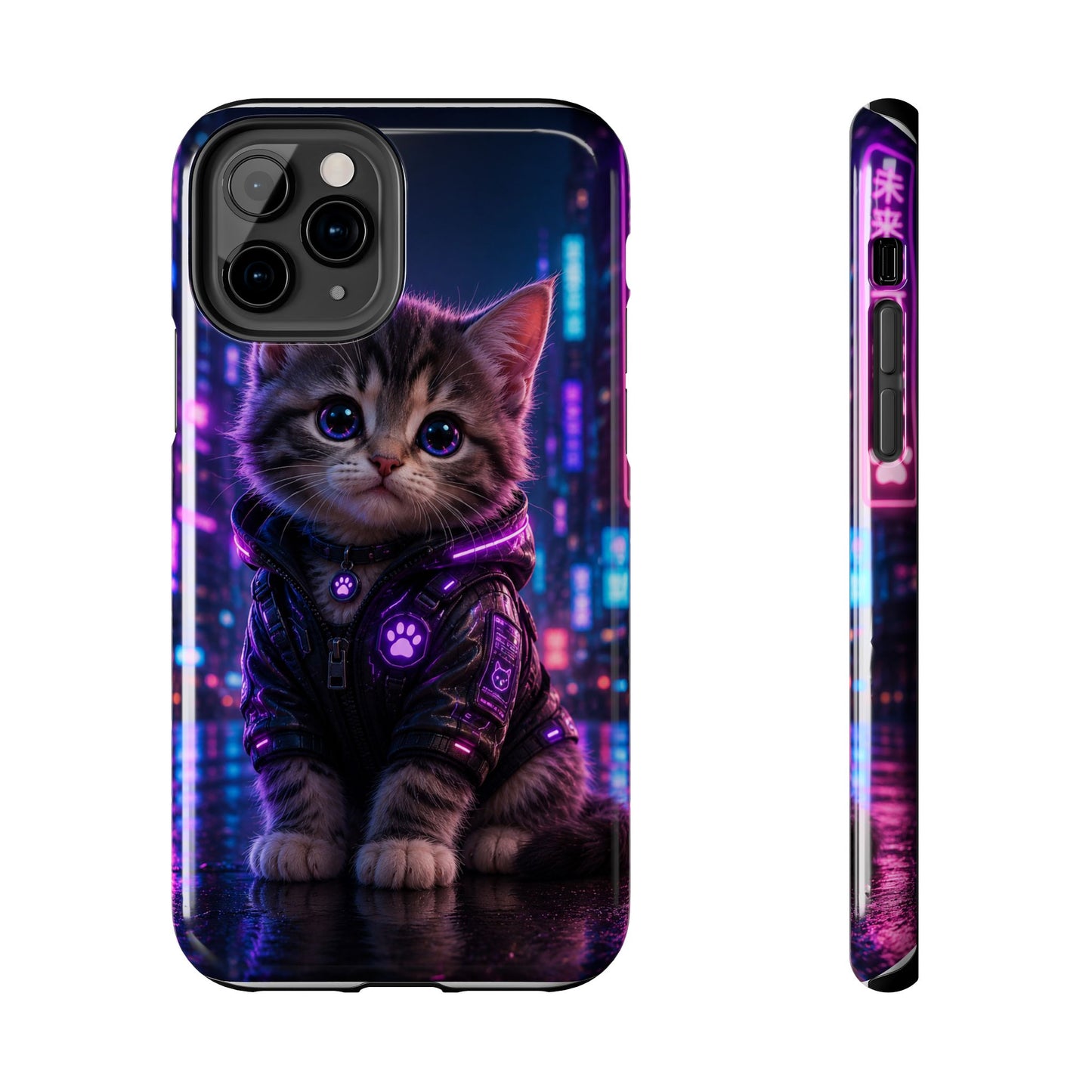 Cyberpunk Kitten Tough Phone Case — Neon Cat Protective Phone Cover