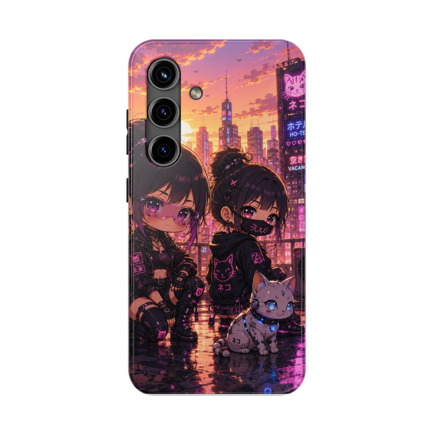 Anime City Night Tough Phone Case — Kawaii Cyberpunk Characters & Cat
