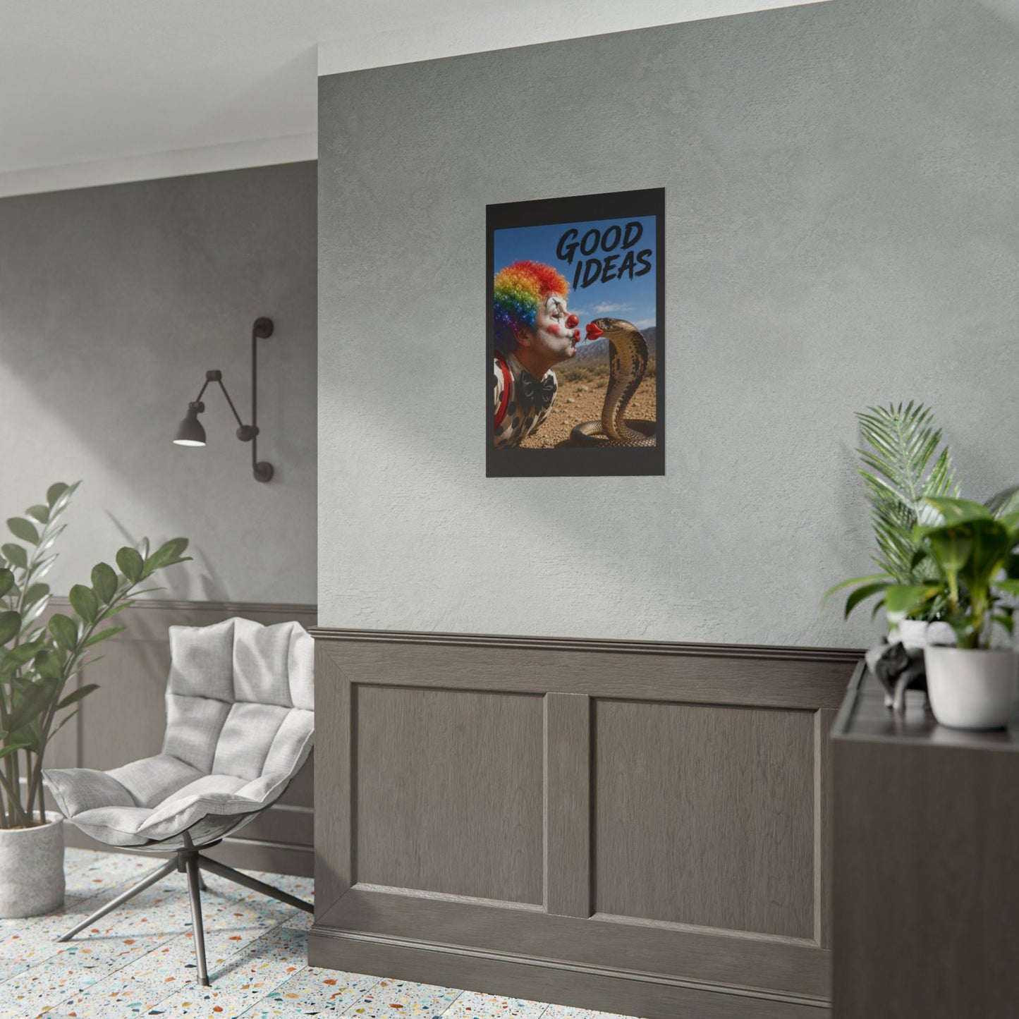Good Ideas Clown & Snake Rolled Poster – Surreal Humor Wall Art