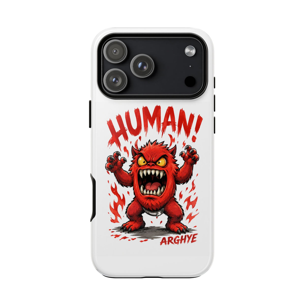 Angry Monster "HUMAN!" Phone Case — Cute Fiery Creature iPhone Cover