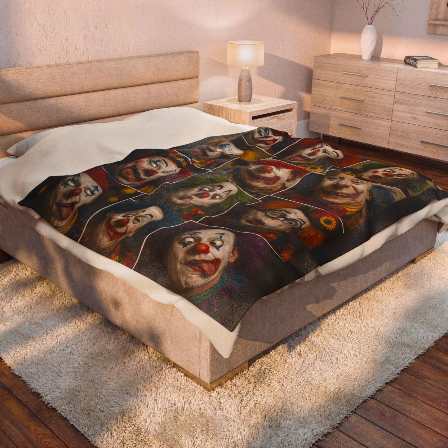 Clown Collage Velveteen Plush Blanket — Vintage Circus Faces Throw