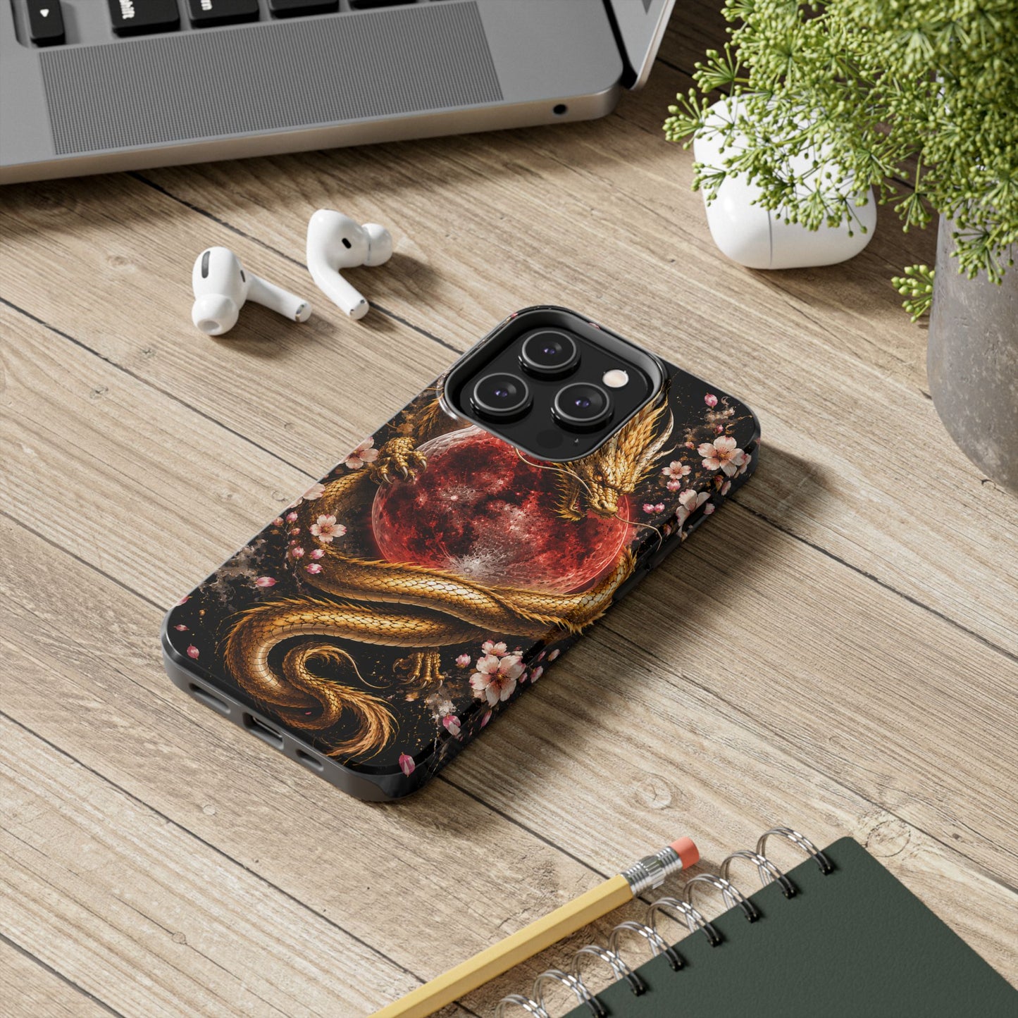 Golden Dragon Moon Tough Phone Case — Cherry Blossoms & Red Moon Protective Cover