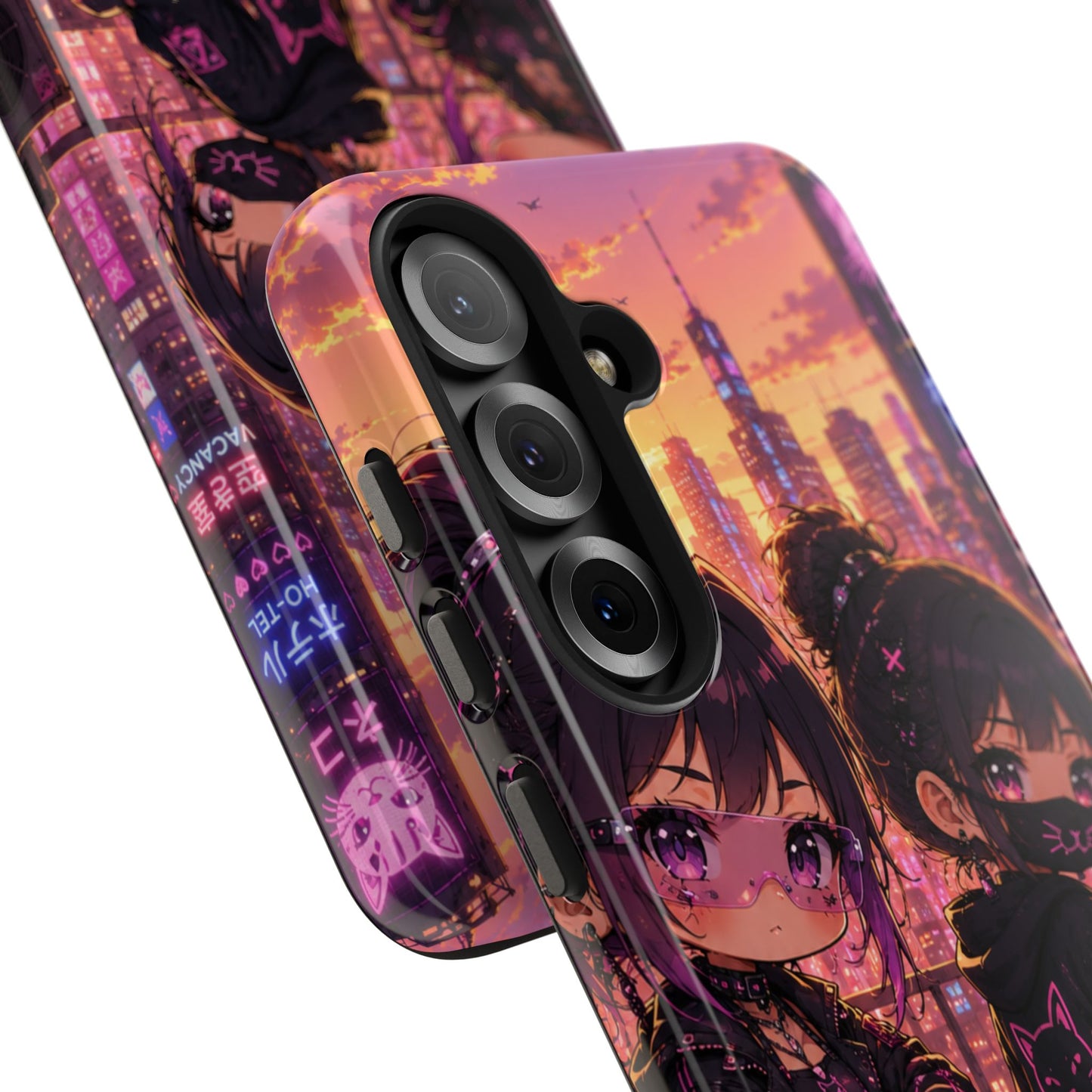 Anime City Night Tough Phone Case — Kawaii Cyberpunk Characters & Cat