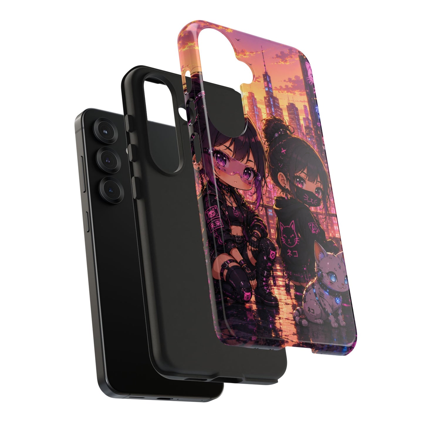 Anime City Night Tough Phone Case — Kawaii Cyberpunk Characters & Cat