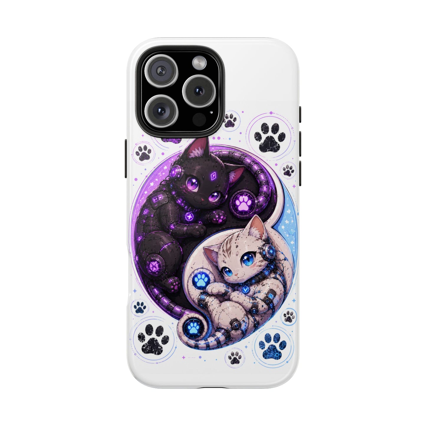 Cat Yin Yang Tough Phone Case — Black & White Kittens, Paw Print Protective Cover
