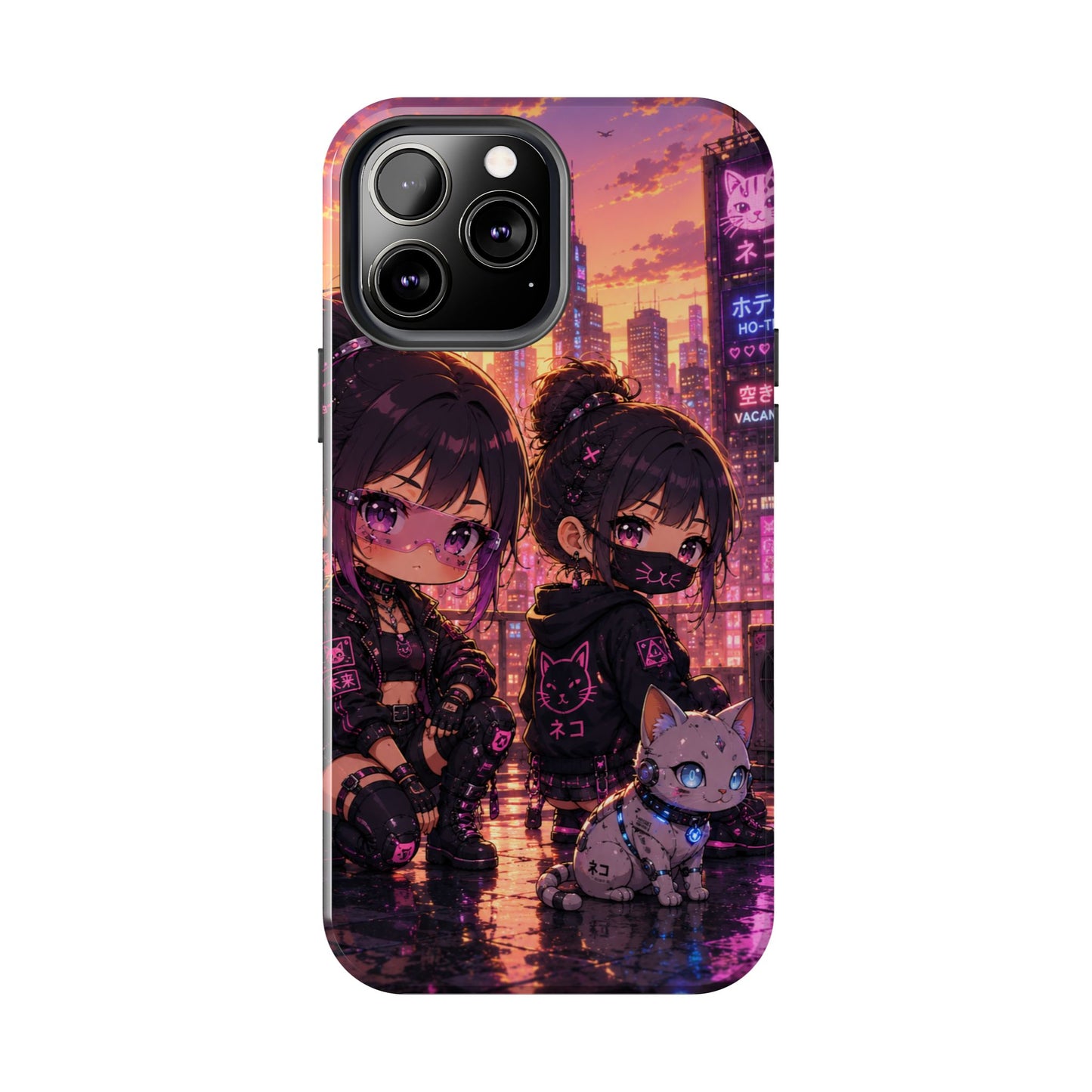 Anime City Night Tough Phone Case — Kawaii Cyberpunk Characters & Cat