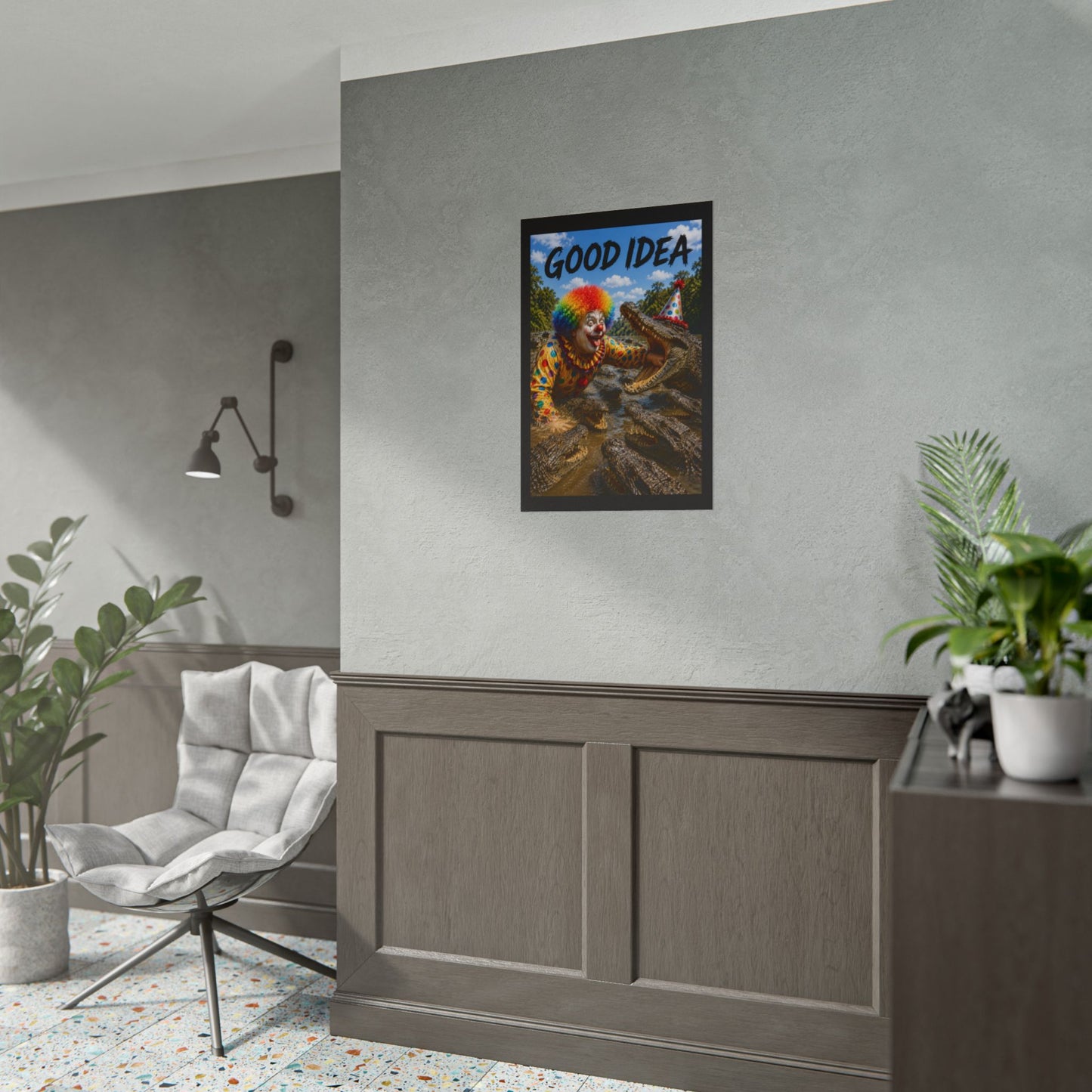 Clown & Crocodile 'Good Idea' Poster - Funny Surreal Wall Art