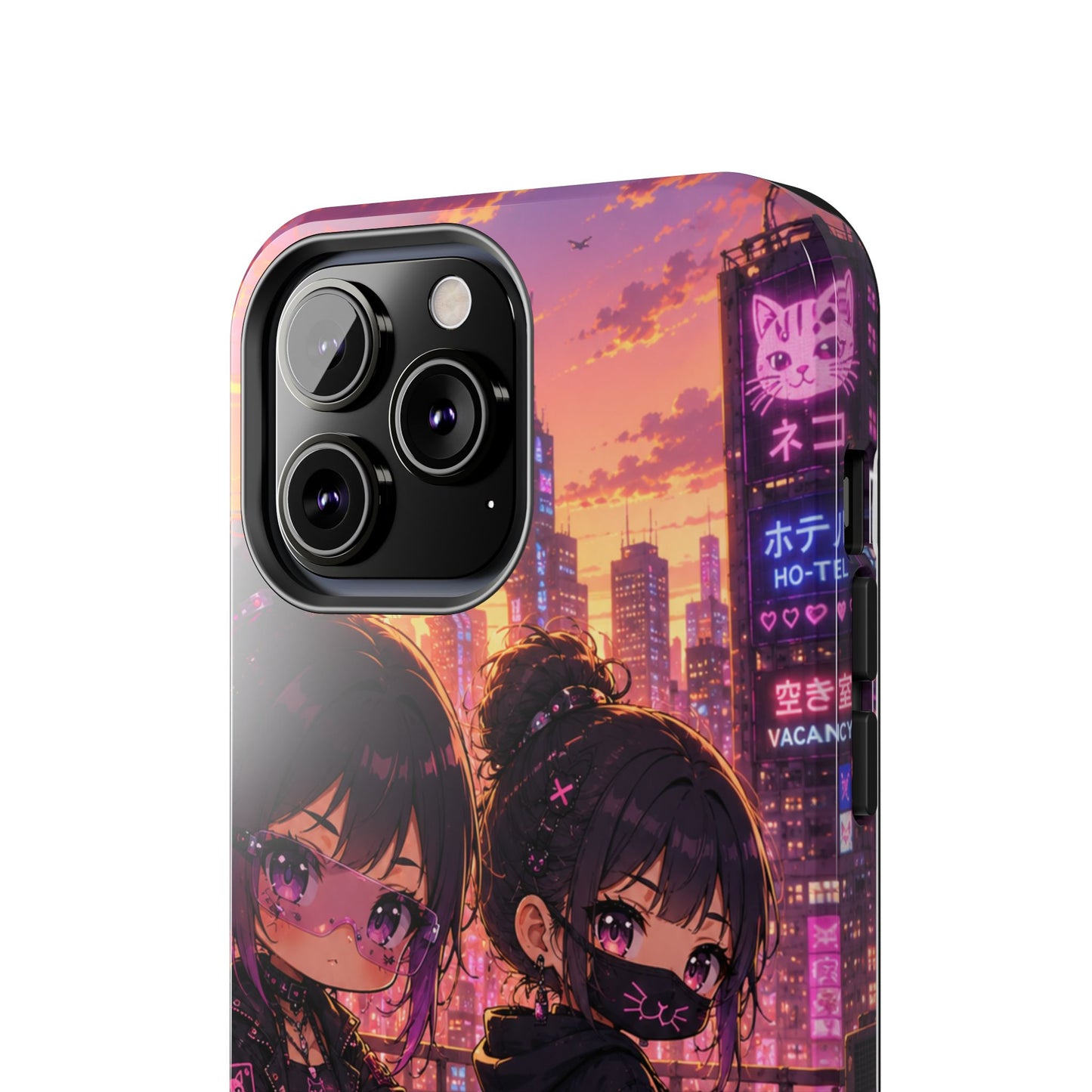 Anime City Night Tough Phone Case — Kawaii Cyberpunk Characters & Cat