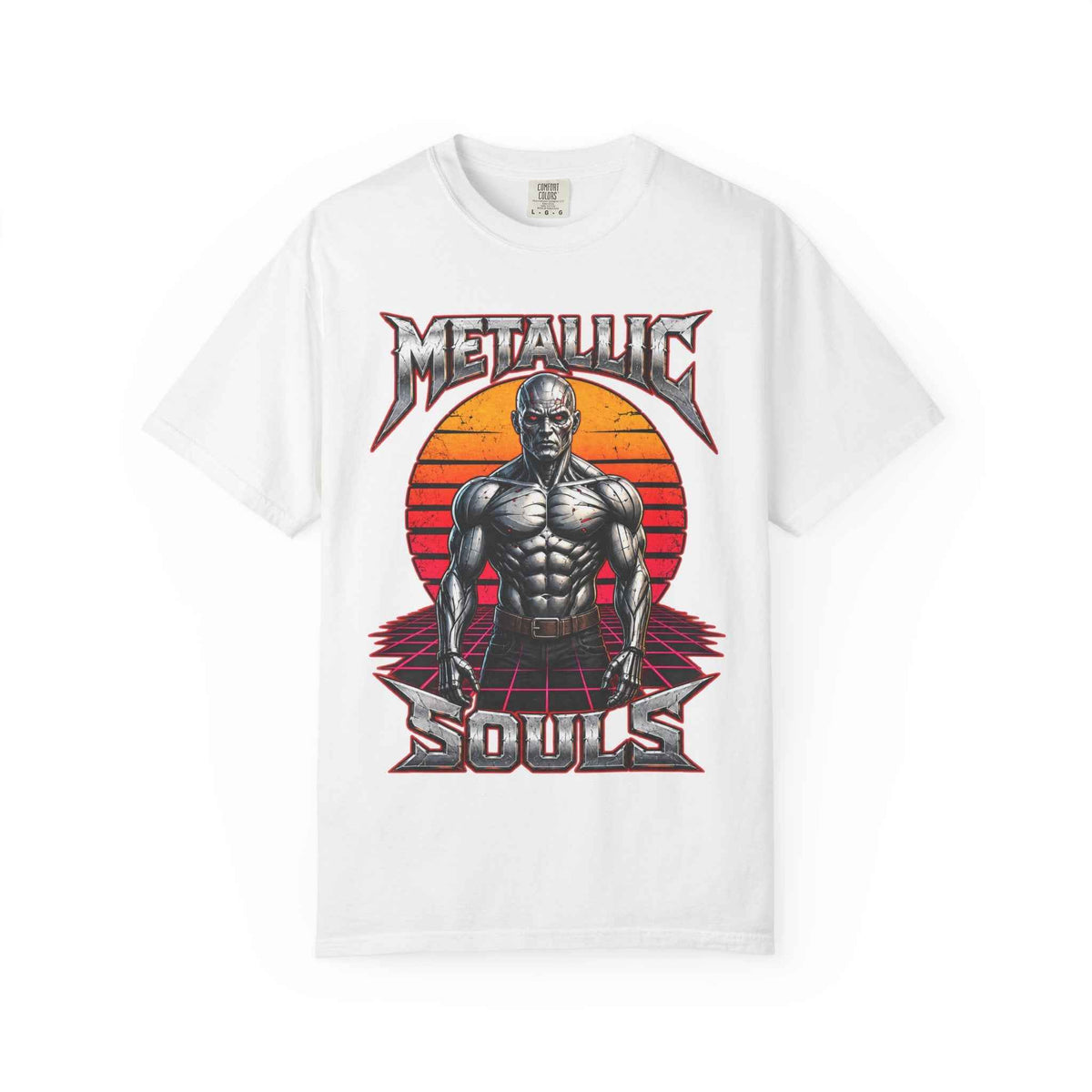 Metallic Souls T-Shirt — Retro Sunset Muscular Warrior Graphic Tee