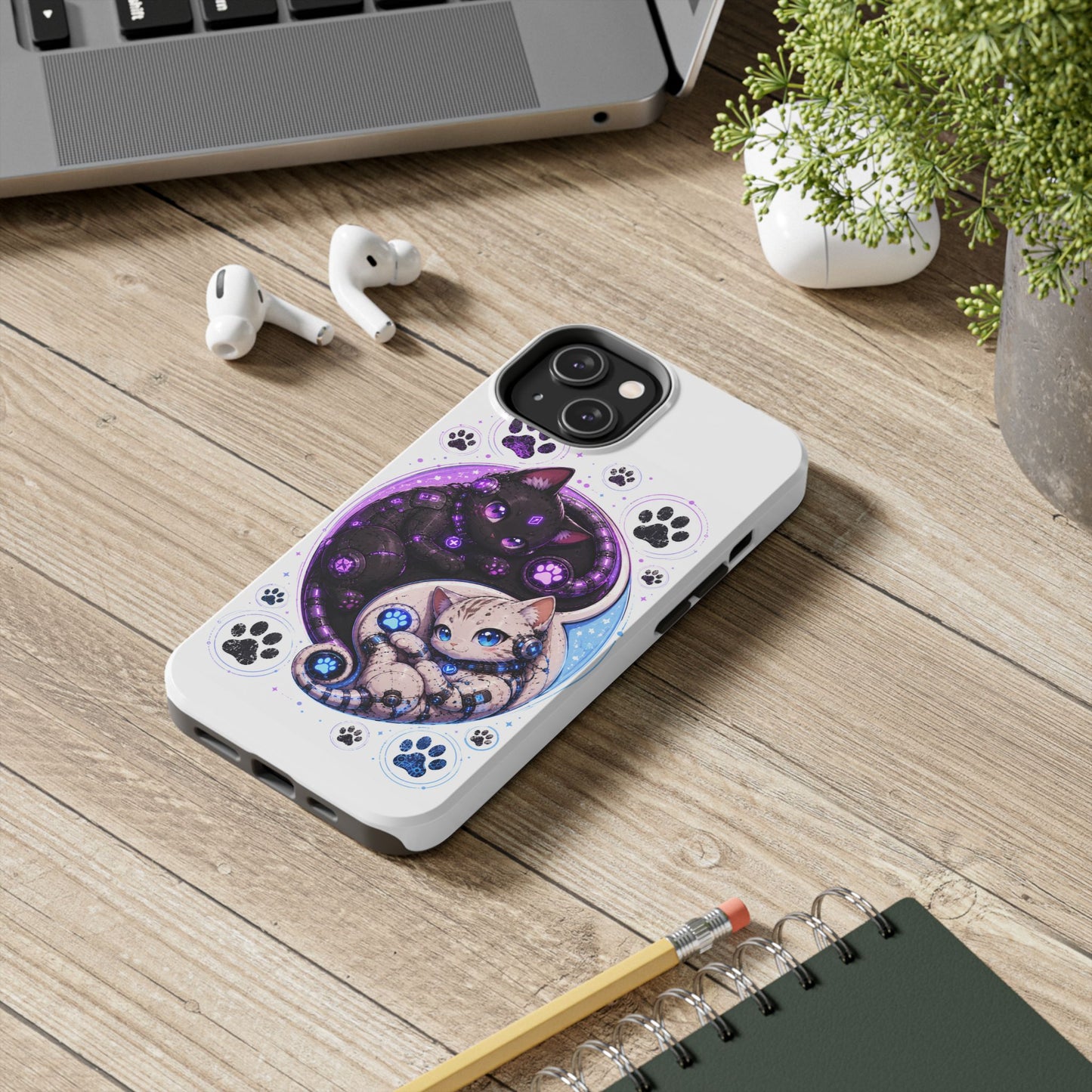 Cat Yin Yang Tough Phone Case — Black & White Kittens, Paw Print Protective Cover