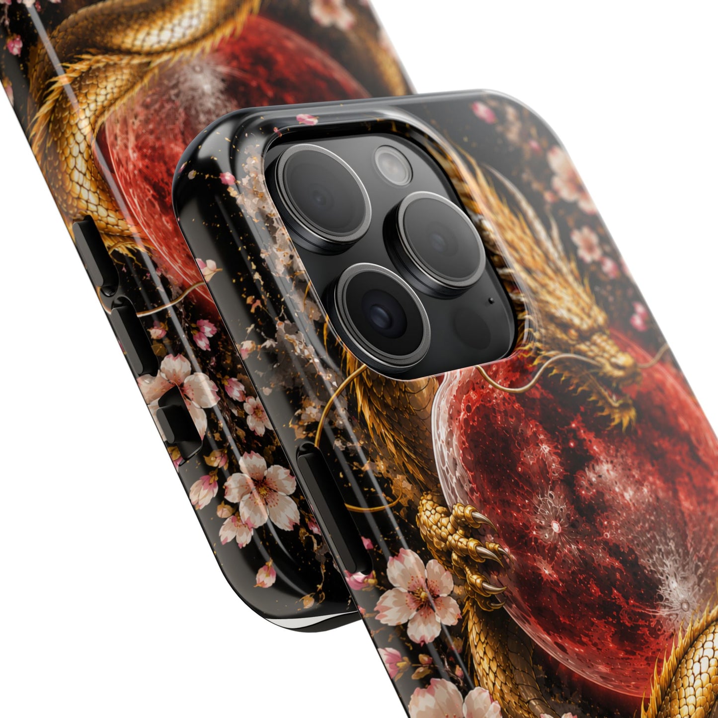 Golden Dragon Moon Tough Phone Case — Cherry Blossoms & Red Moon Protective Cover