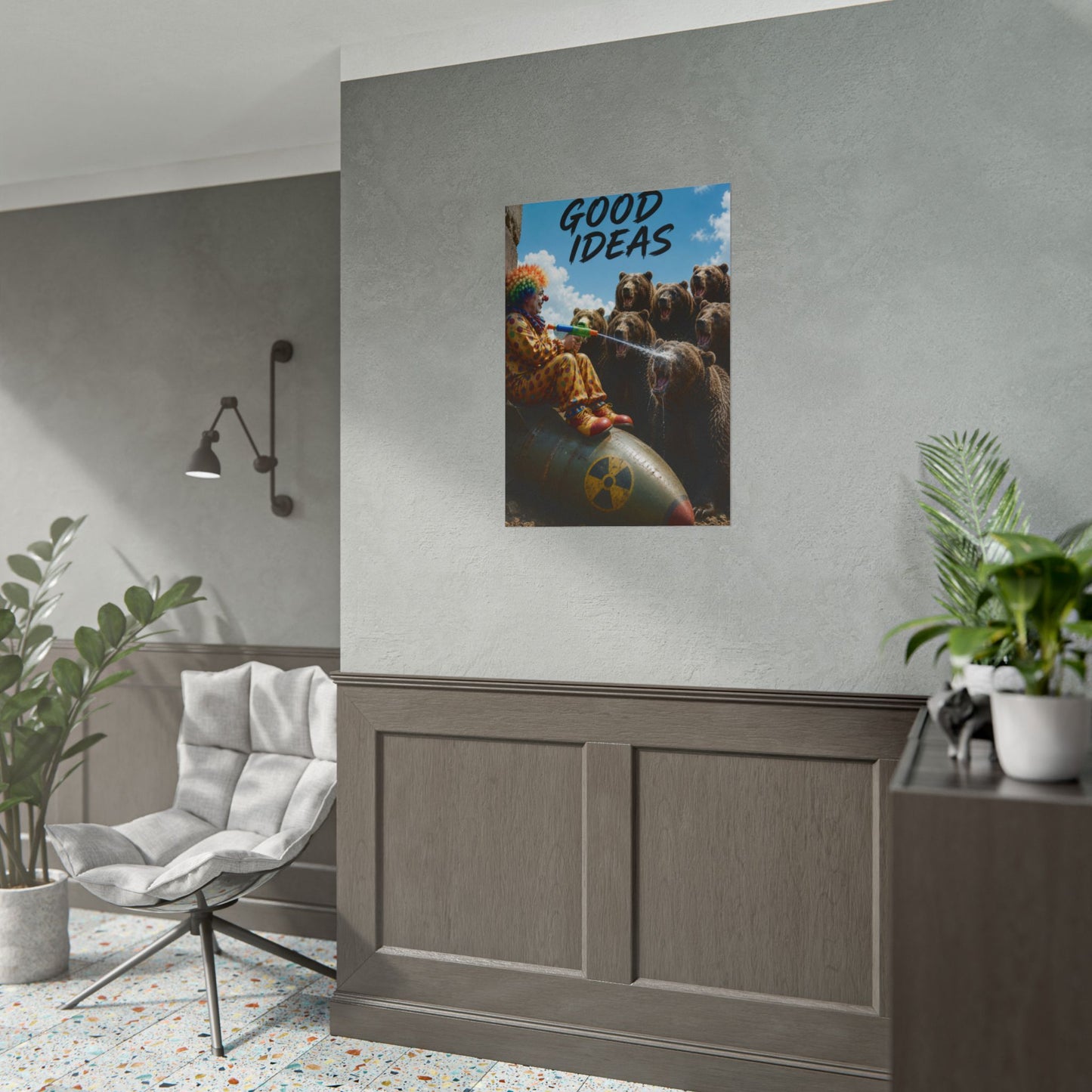 Rolled Poster - 'Good Ideas' Clown on Bomb with Bears Surreal Art Print