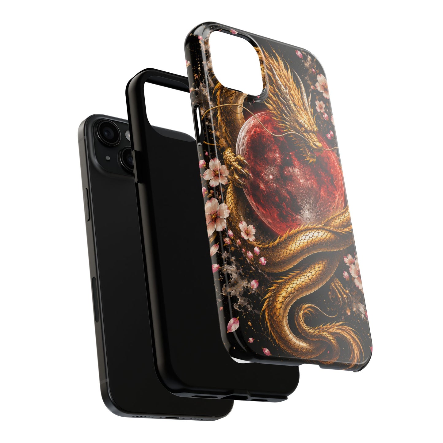 Golden Dragon Moon Tough Phone Case — Cherry Blossoms & Red Moon Protective Cover