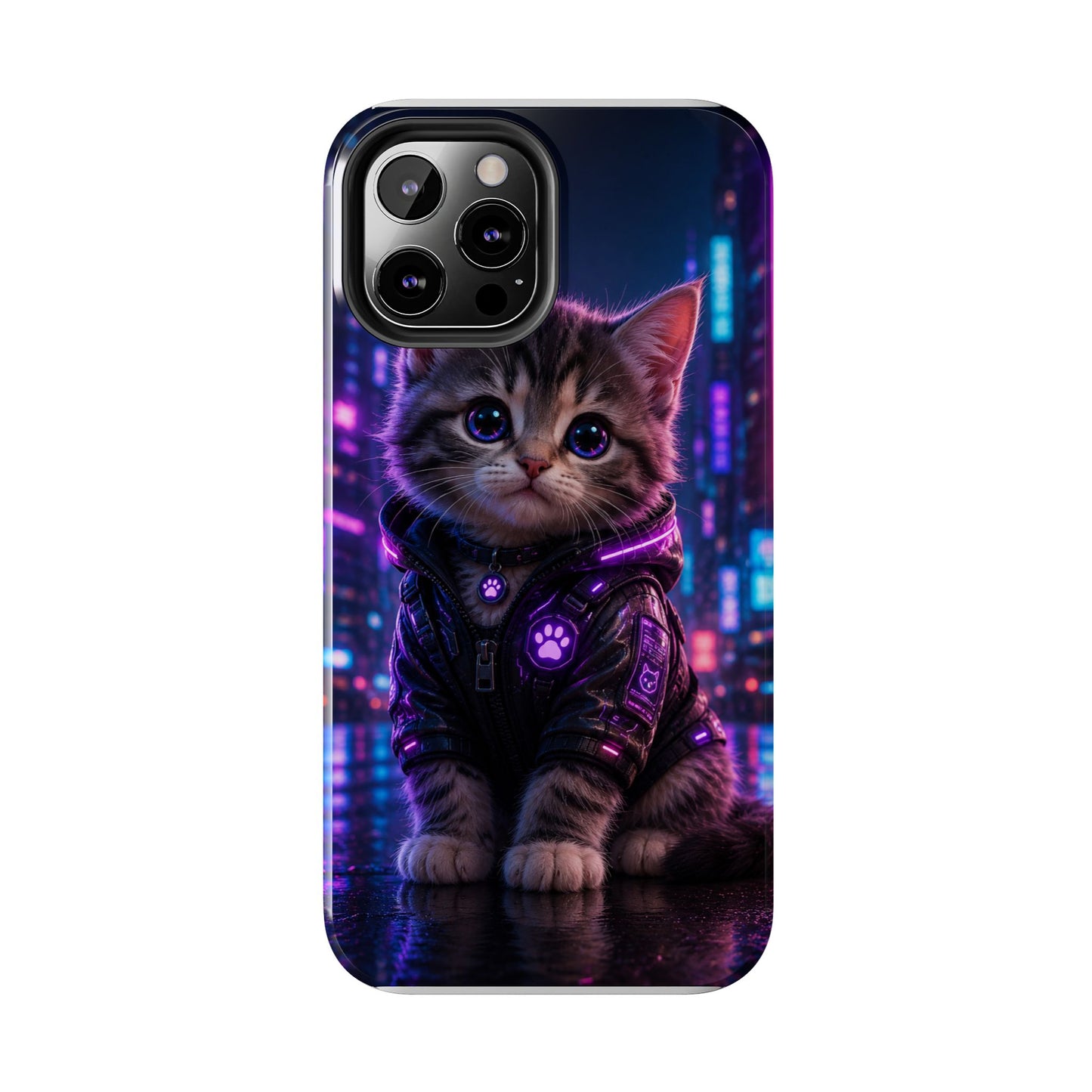 Cyberpunk Kitten Tough Phone Case — Neon Cat Protective Phone Cover