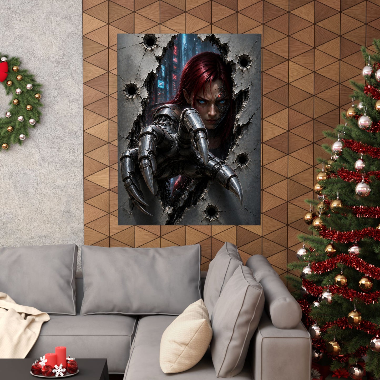 Cyberpunk Assassin Matte Poster — Red-Haired Cyborg Claw Wall Art