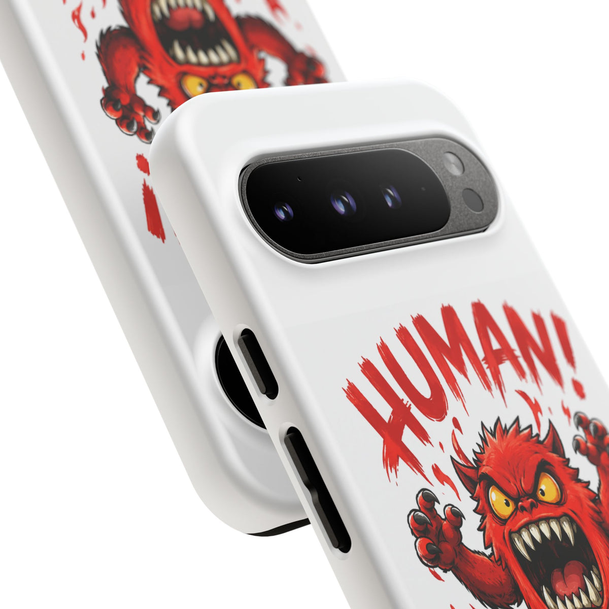 Angry Monster "HUMAN!" Phone Case — Cute Fiery Creature iPhone Cover