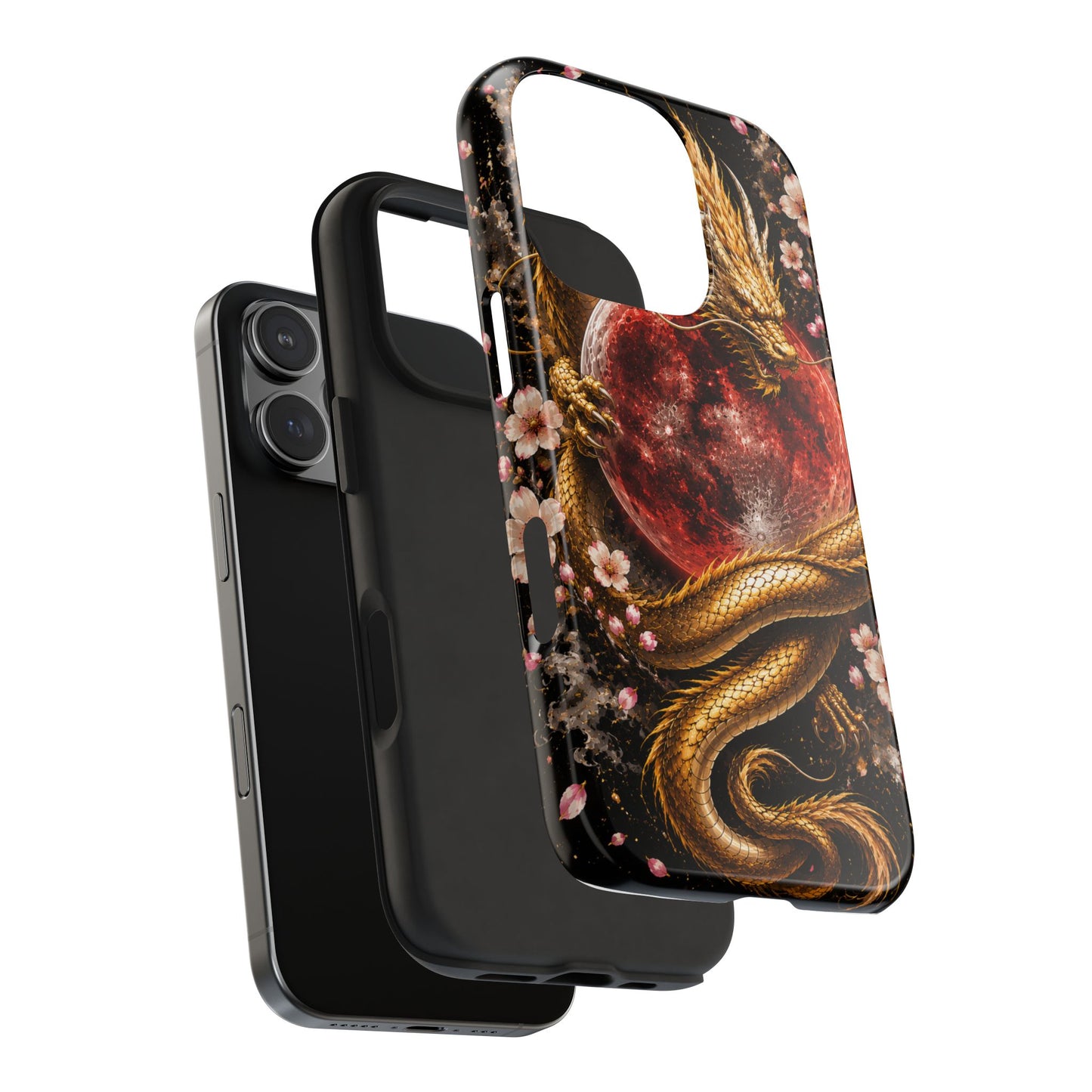 Golden Dragon Moon Tough Phone Case — Cherry Blossoms & Red Moon Protective Cover