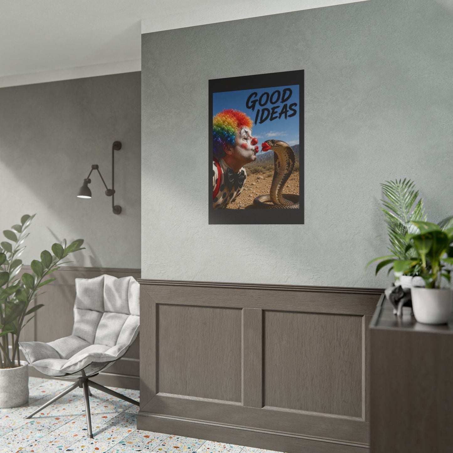 Good Ideas Clown & Snake Rolled Poster – Surreal Humor Wall Art