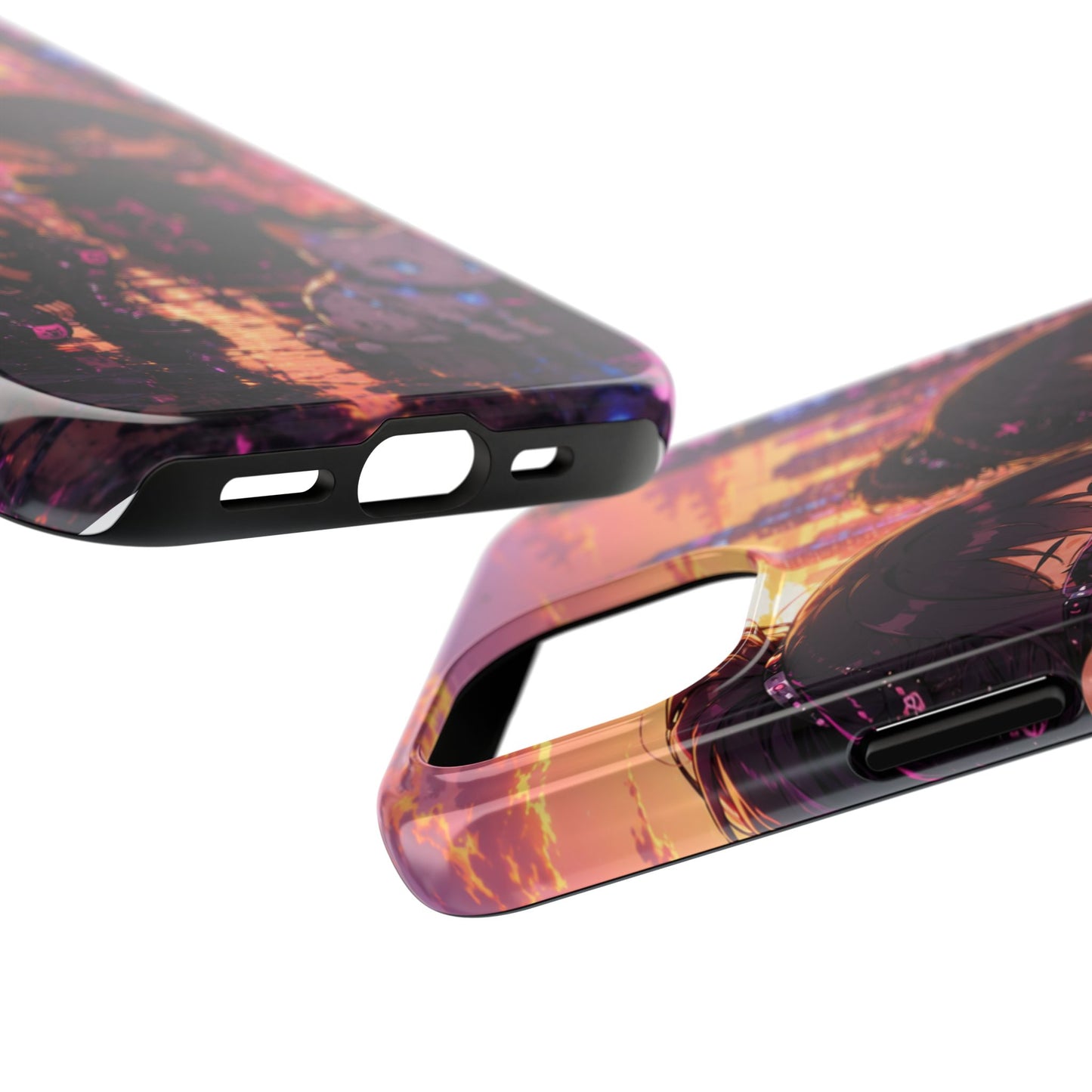 Anime City Night Tough Phone Case — Kawaii Cyberpunk Characters & Cat