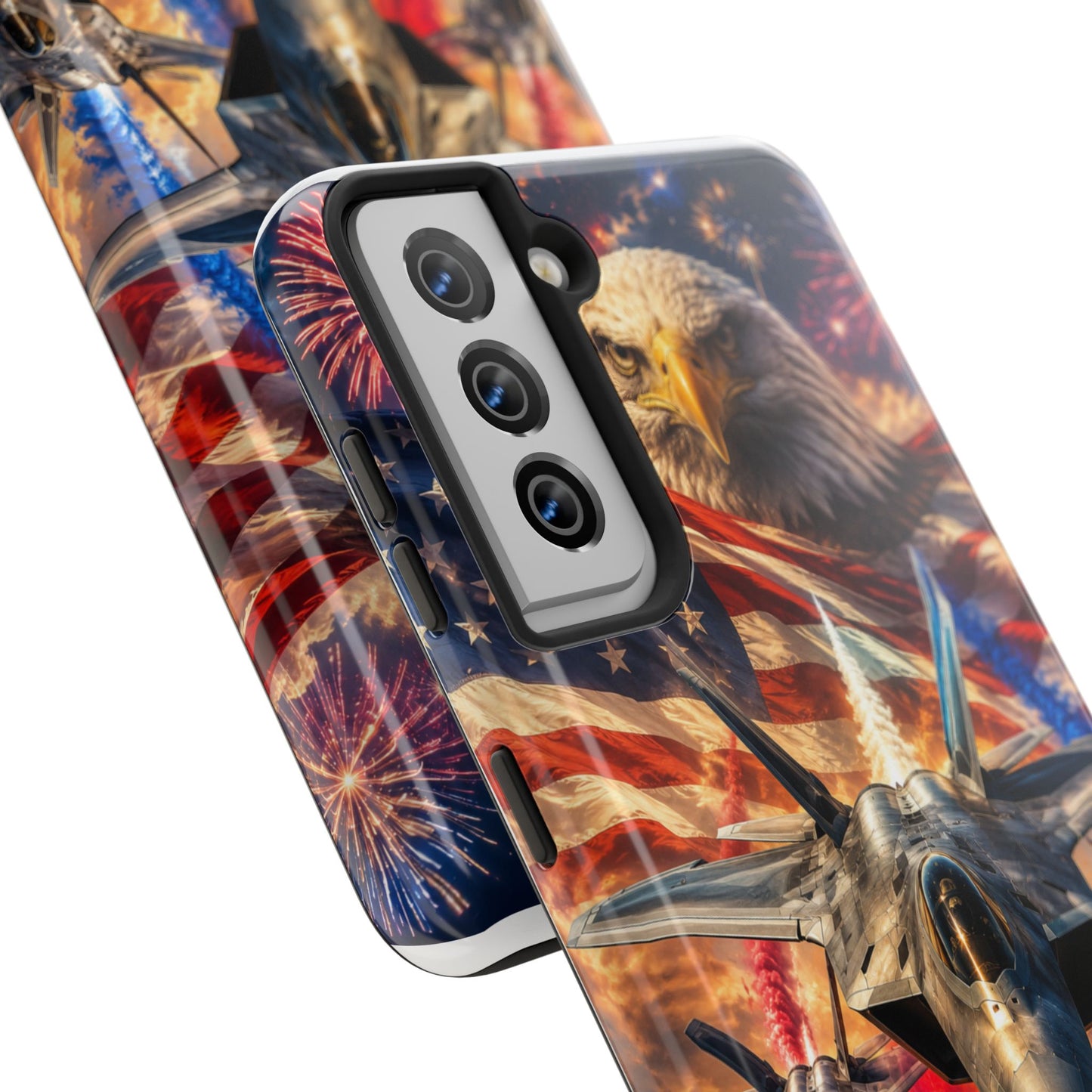 Patriotic Fighter Jet Phone Case with Eagle, American Flag & Fireworks Design