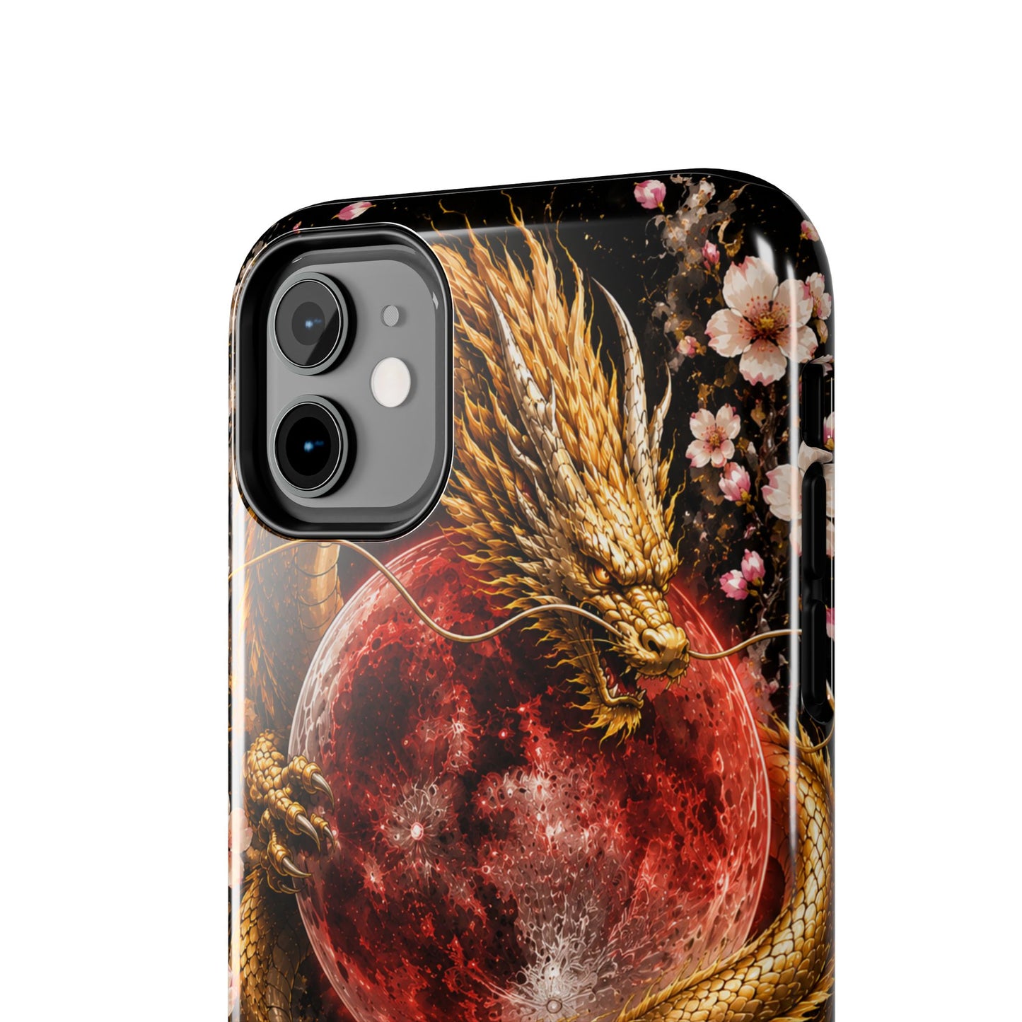 Golden Dragon Moon Tough Phone Case — Cherry Blossoms & Red Moon Protective Cover