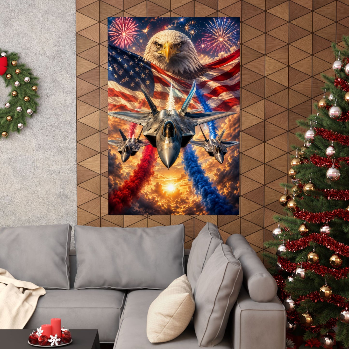 Patriotic Eagle & Fighter Jets Matte Vertical Poster — American Flag, Fireworks & 4th of July Wall Art