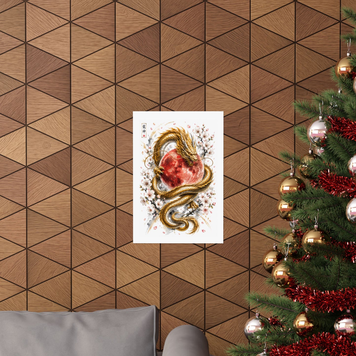 Golden Dragon & Red Moon Matte Poster — Japanese Cherry Blossom Wall Art