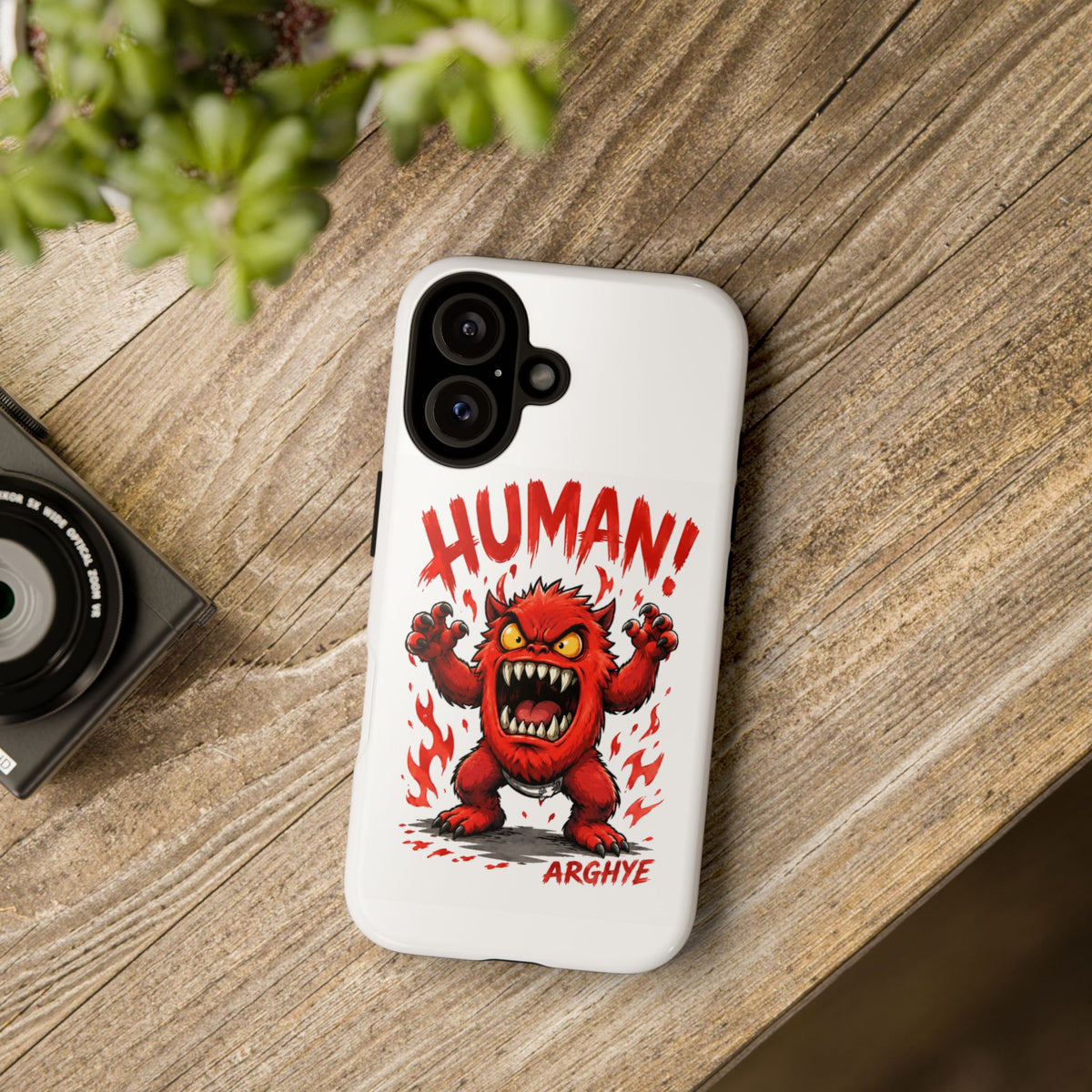 Angry Monster "HUMAN!" Phone Case — Cute Fiery Creature iPhone Cover