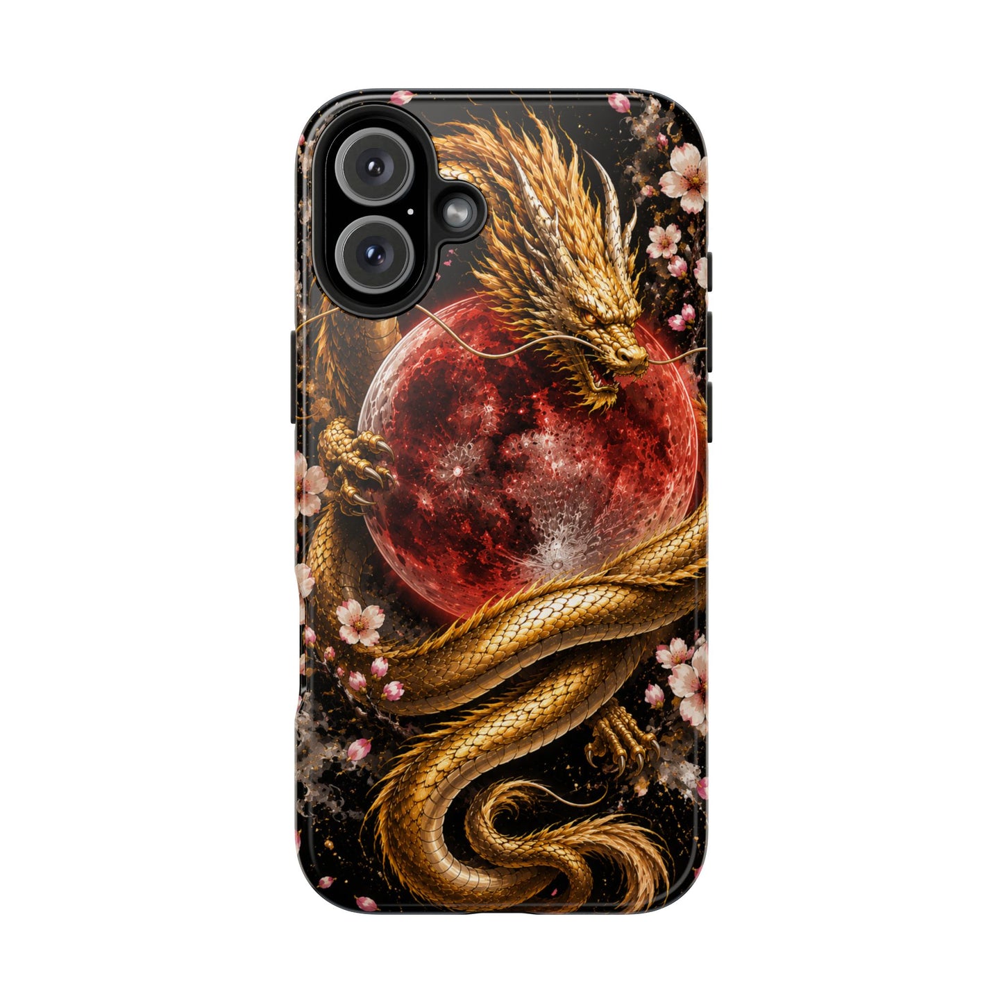 Golden Dragon Moon Tough Phone Case — Cherry Blossoms & Red Moon Protective Cover