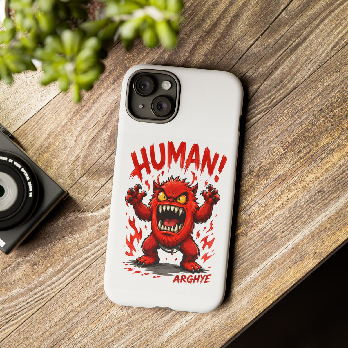 Angry Monster "HUMAN!" Phone Case — Cute Fiery Creature iPhone Cover
