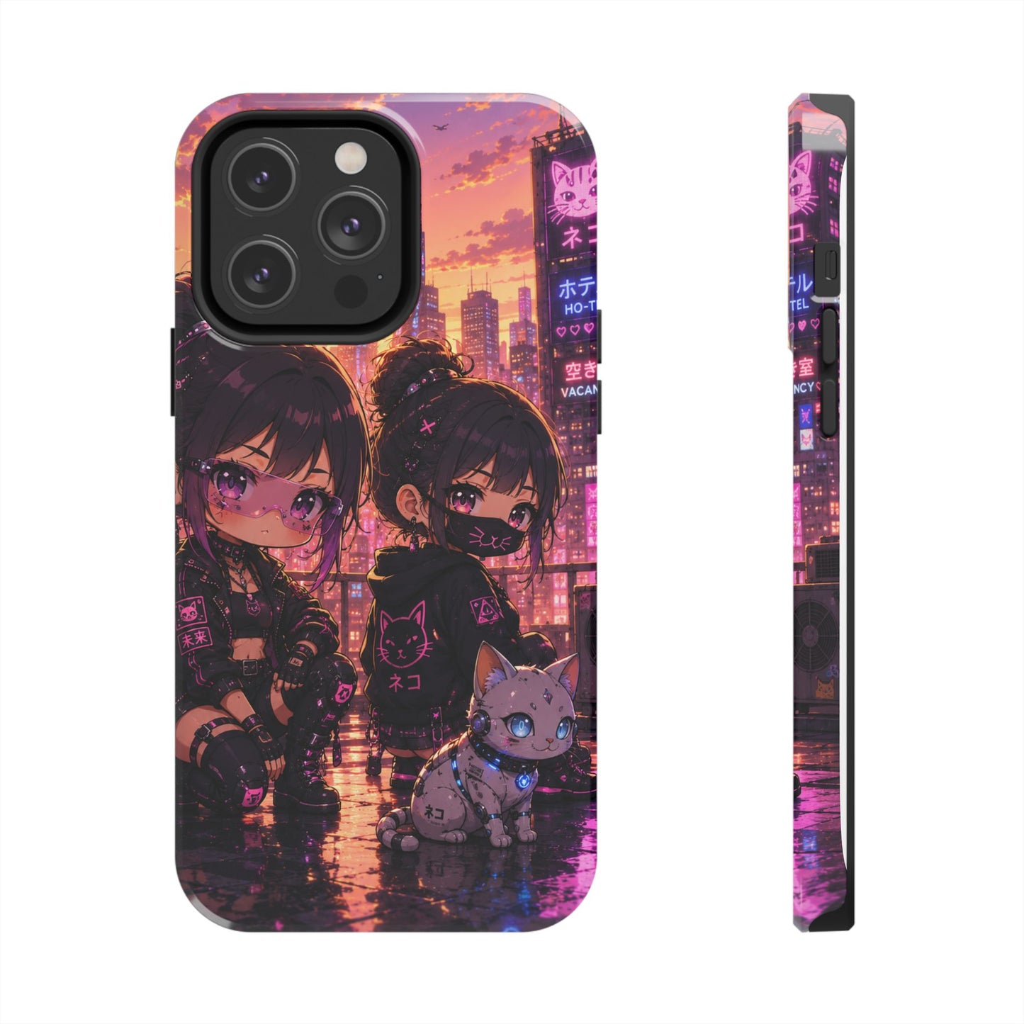 Anime City Night Tough Phone Case — Kawaii Cyberpunk Characters & Cat