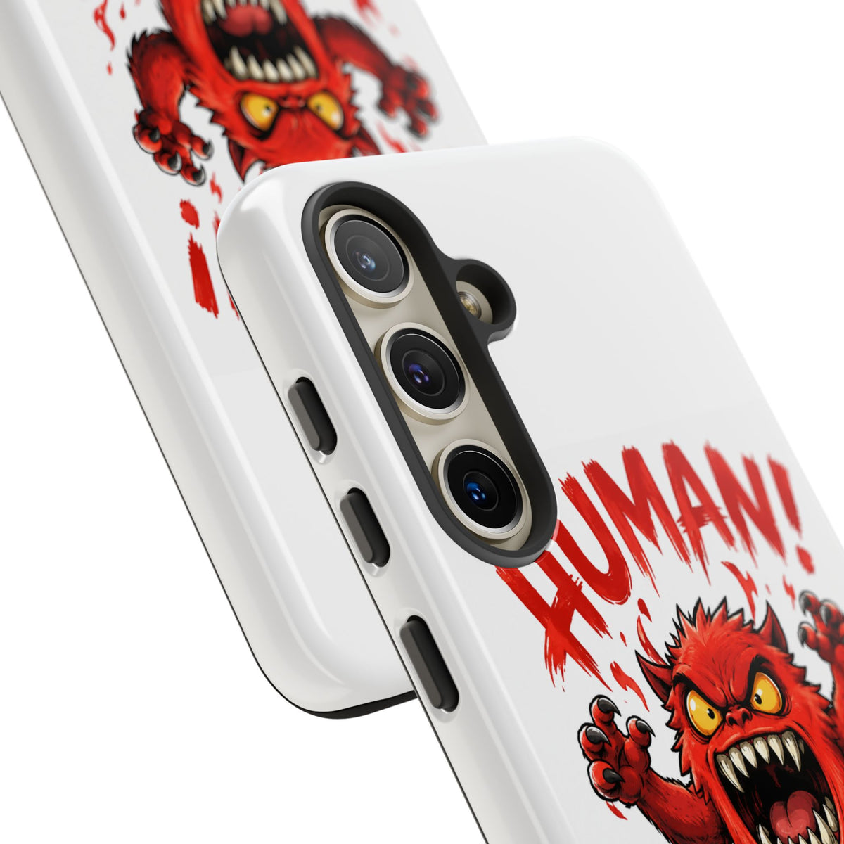 Angry Monster "HUMAN!" Phone Case — Cute Fiery Creature iPhone Cover
