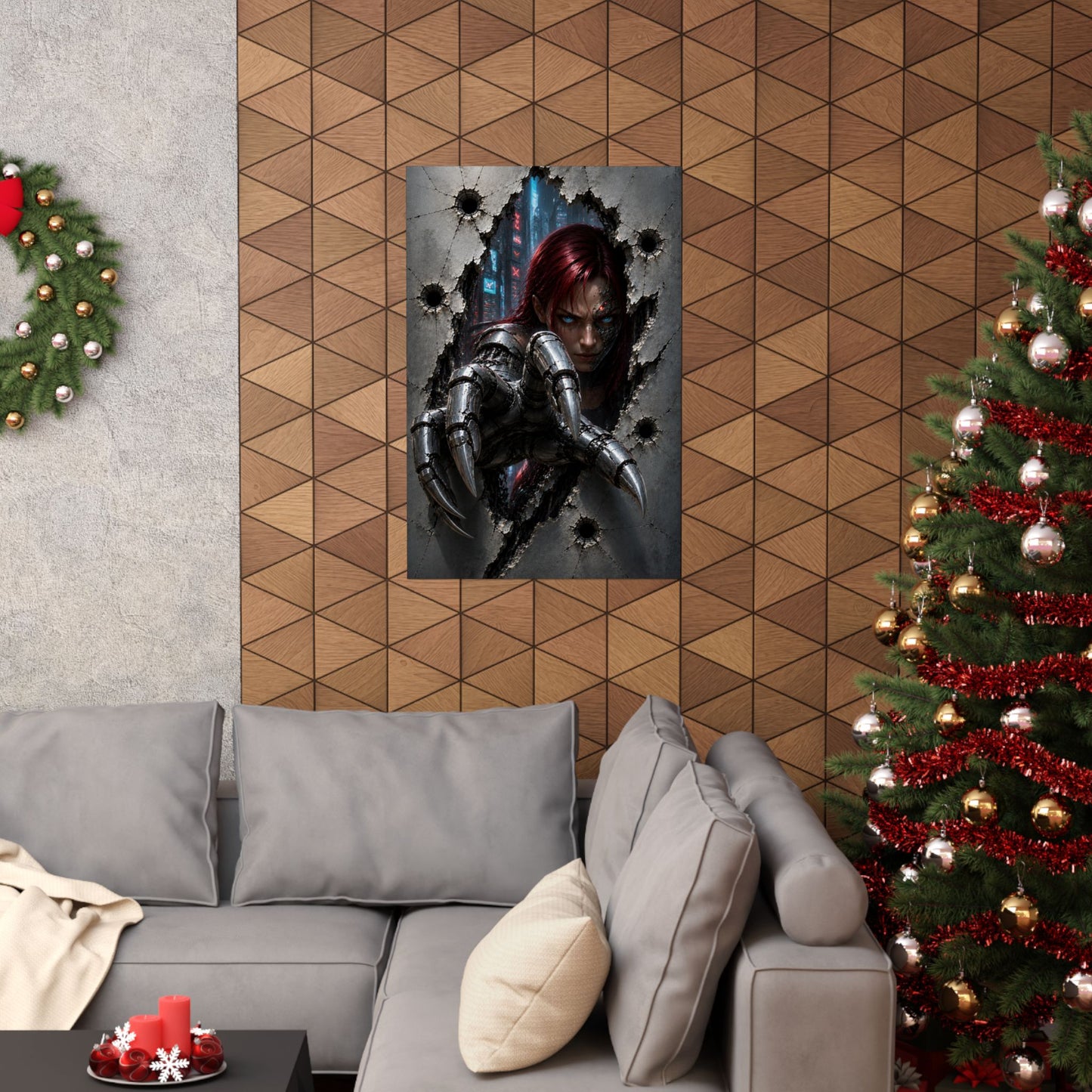 Cyberpunk Assassin Matte Poster — Red-Haired Cyborg Claw Wall Art