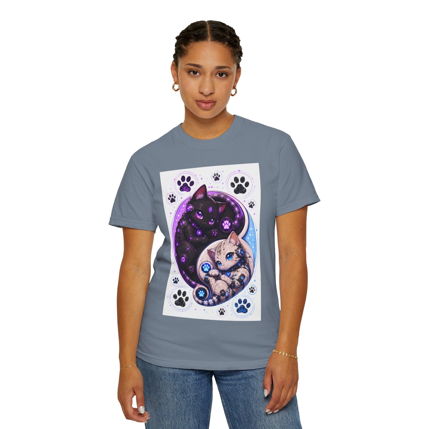 Yin Yang Cat T-Shirt — Cosmic Black & White Kittens Paw Print Tee