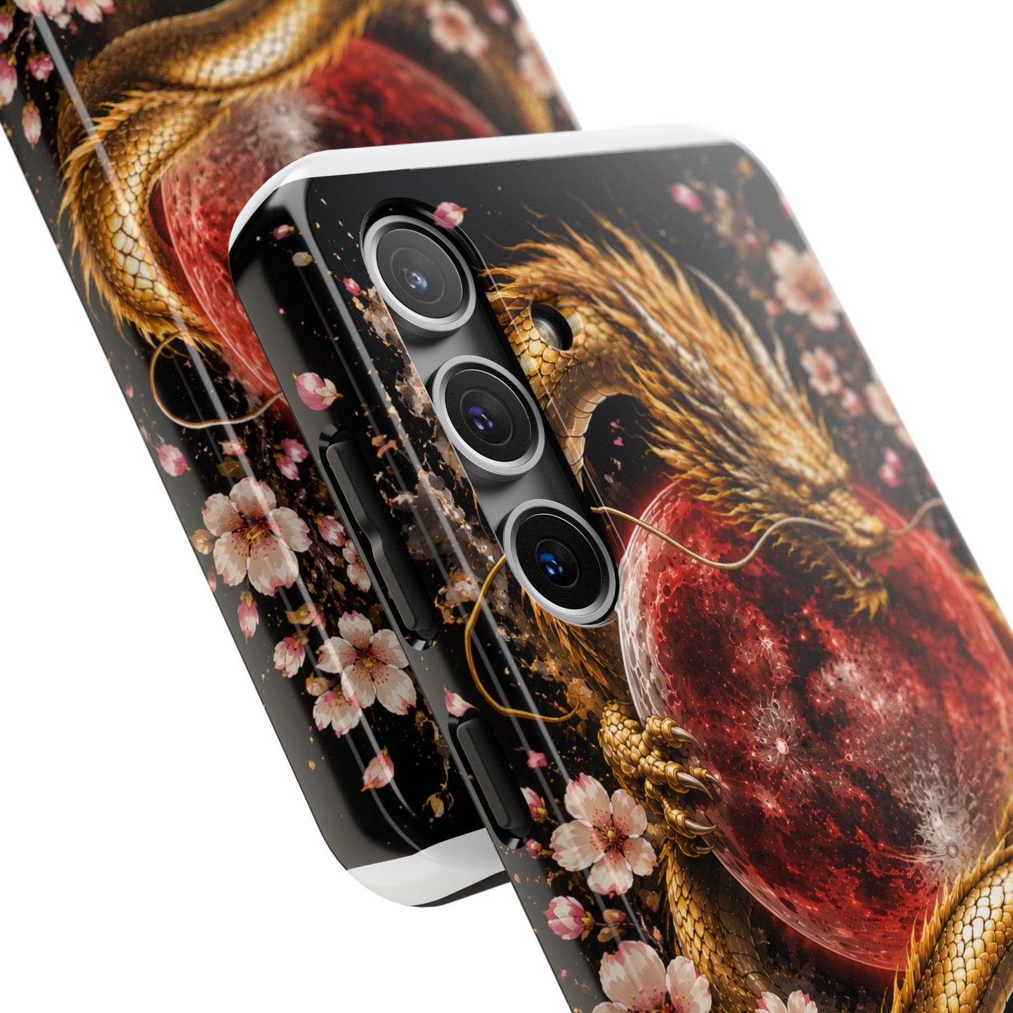 Golden Dragon Moon Tough Phone Case — Cherry Blossoms & Red Moon Protective Cover