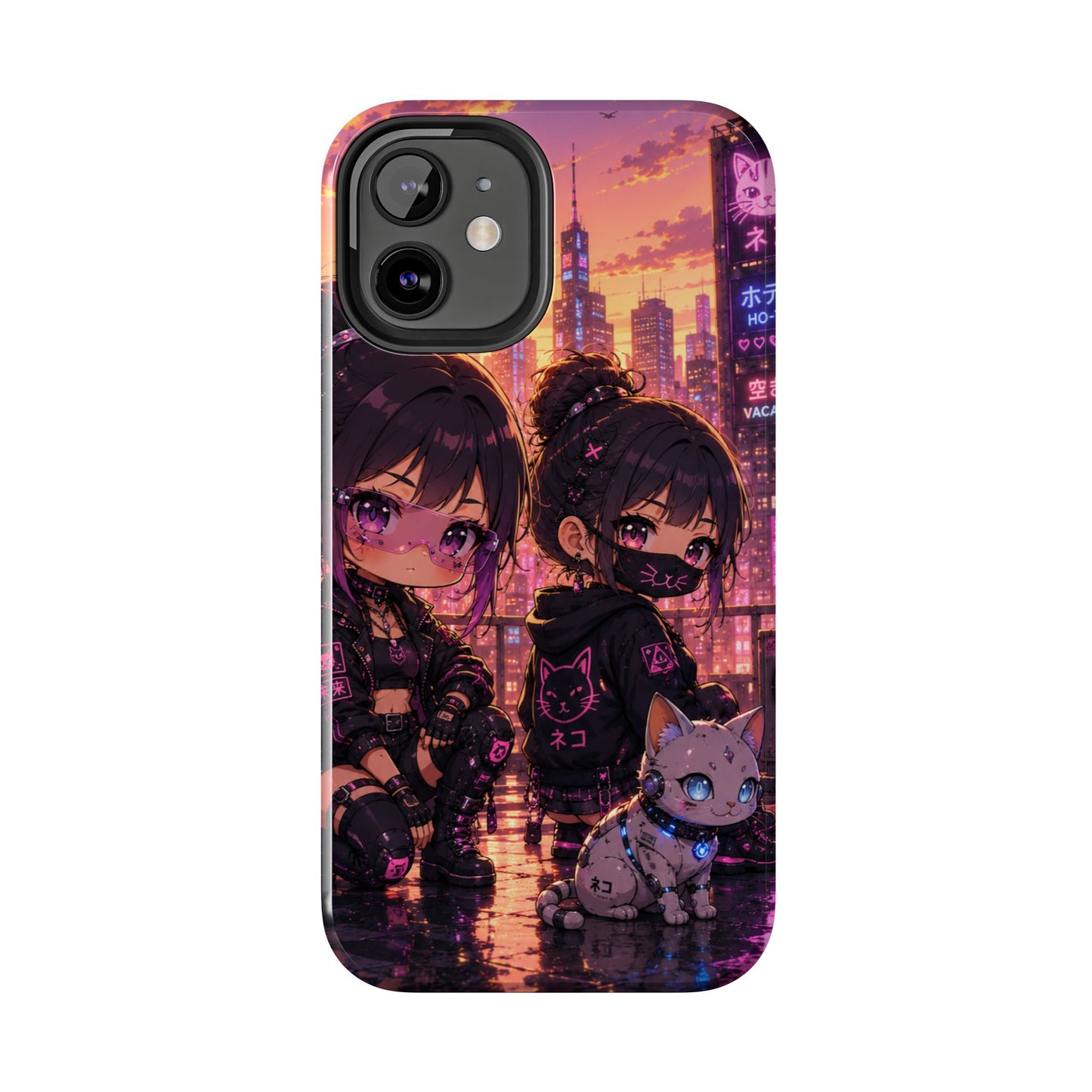 Anime City Night Tough Phone Case — Kawaii Cyberpunk Characters & Cat
