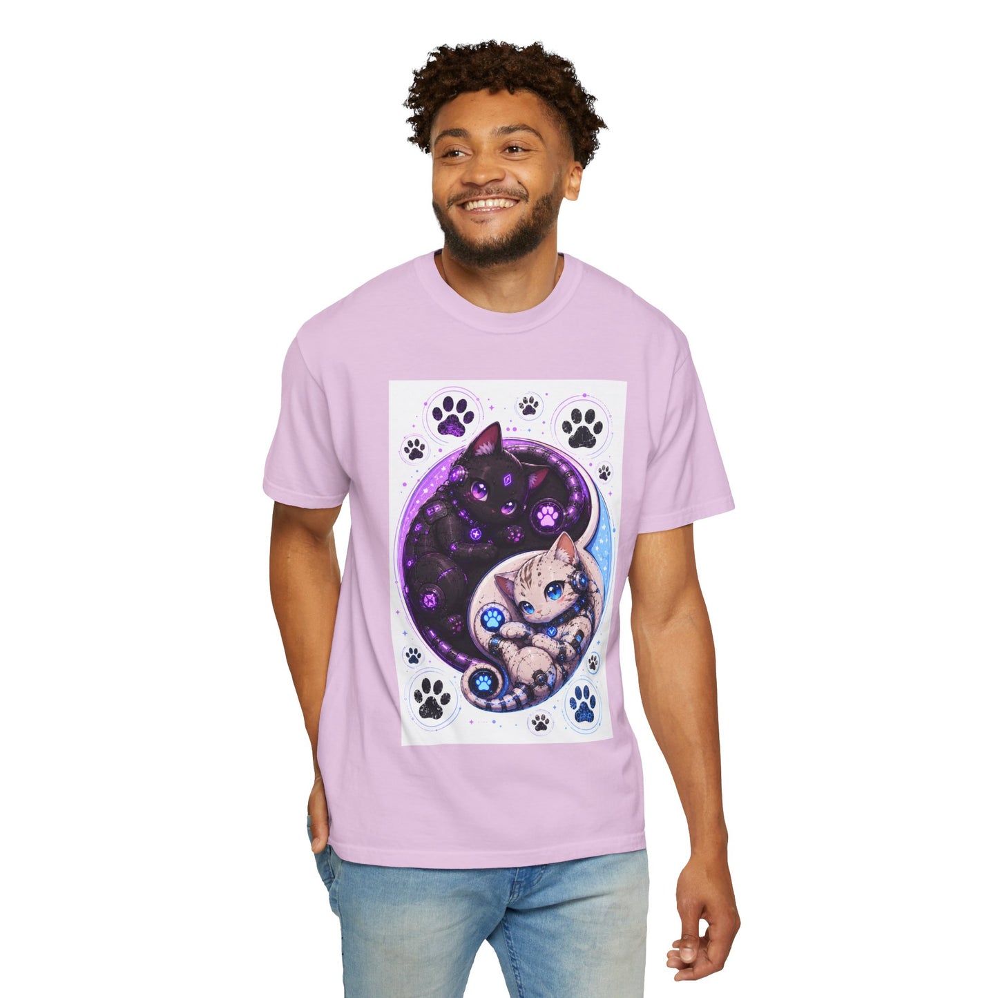 Yin Yang Cat T-Shirt — Cosmic Black & White Kittens Paw Print Tee