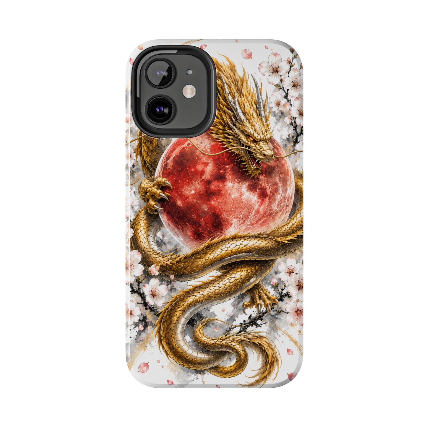 Golden Dragon Phone Case — Red Moon & Cherry Blossom Tough Phone Case