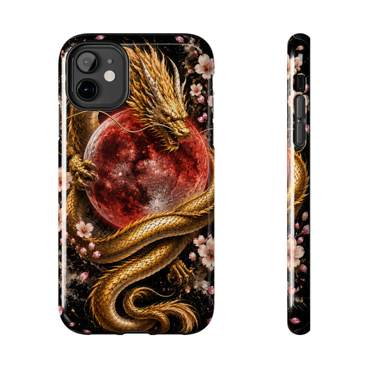 Golden Dragon Moon Tough Phone Case — Cherry Blossoms & Red Moon Protective Cover