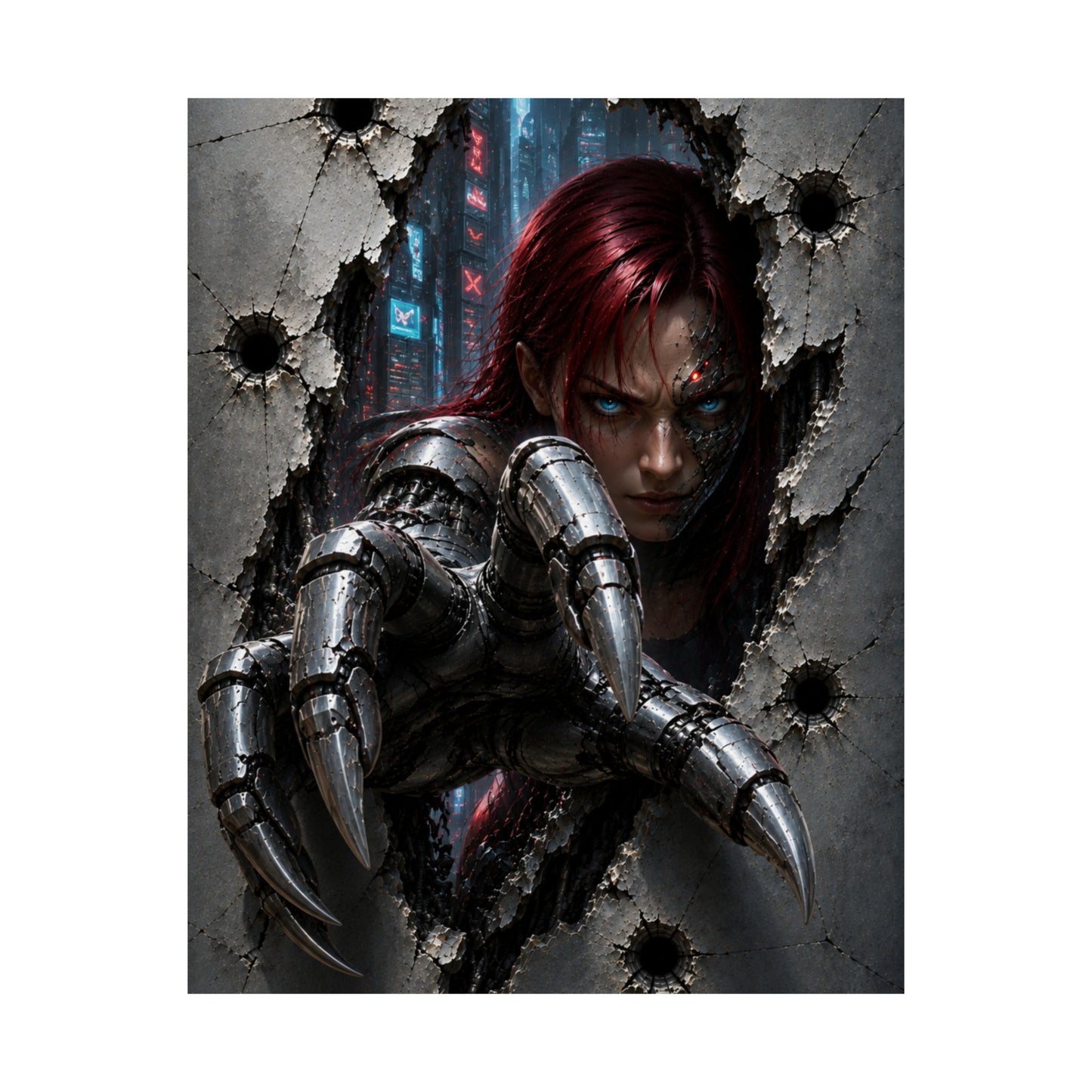 Cyberpunk Assassin Matte Poster — Red-Haired Cyborg Claw Wall Art