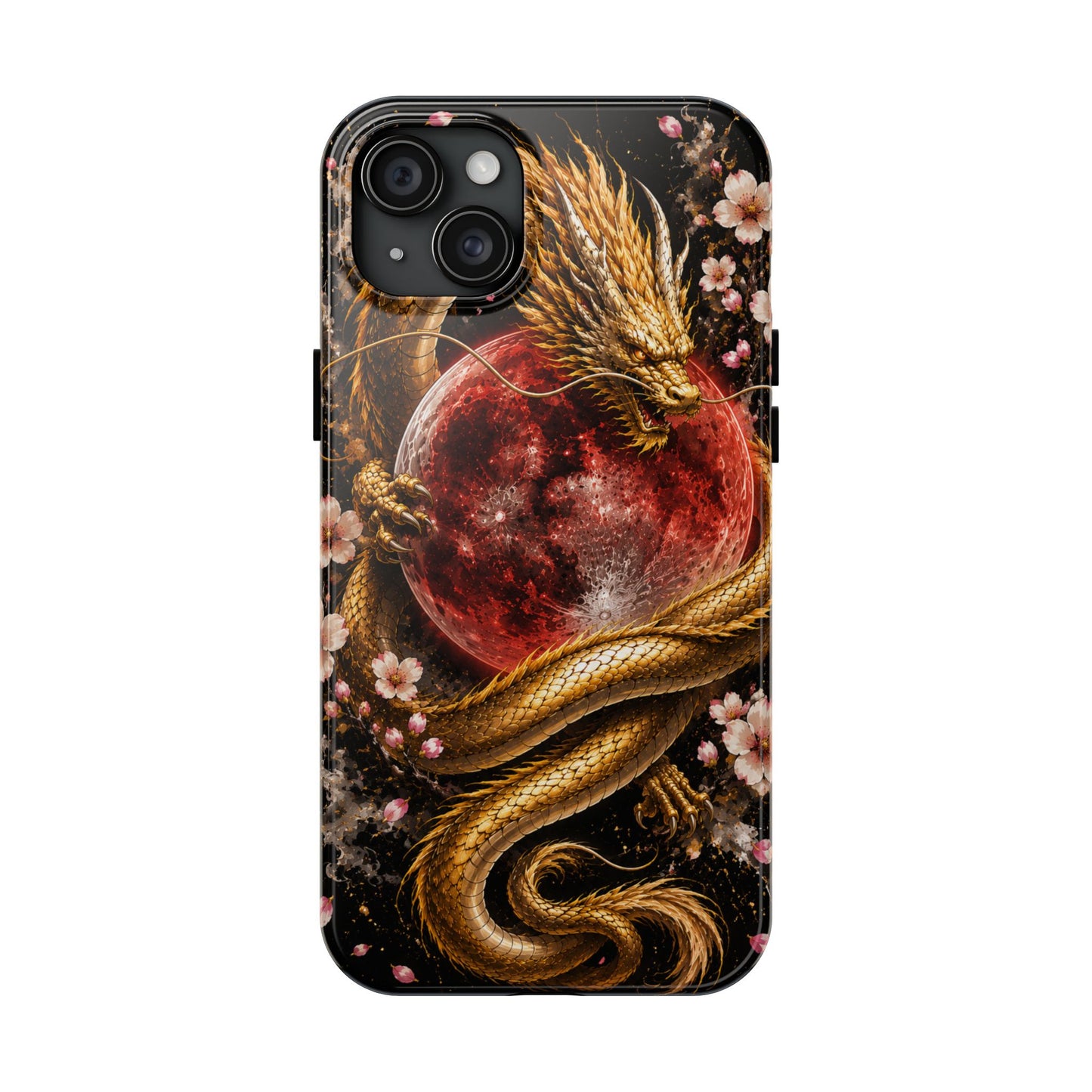 Golden Dragon Moon Tough Phone Case — Cherry Blossoms & Red Moon Protective Cover