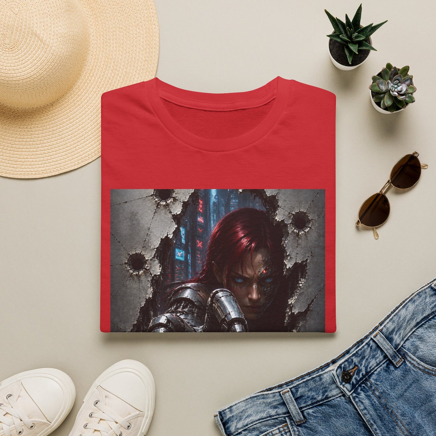Cyberpunk Warrior Graphic T-Shirt — Red-Haired Brawler Design