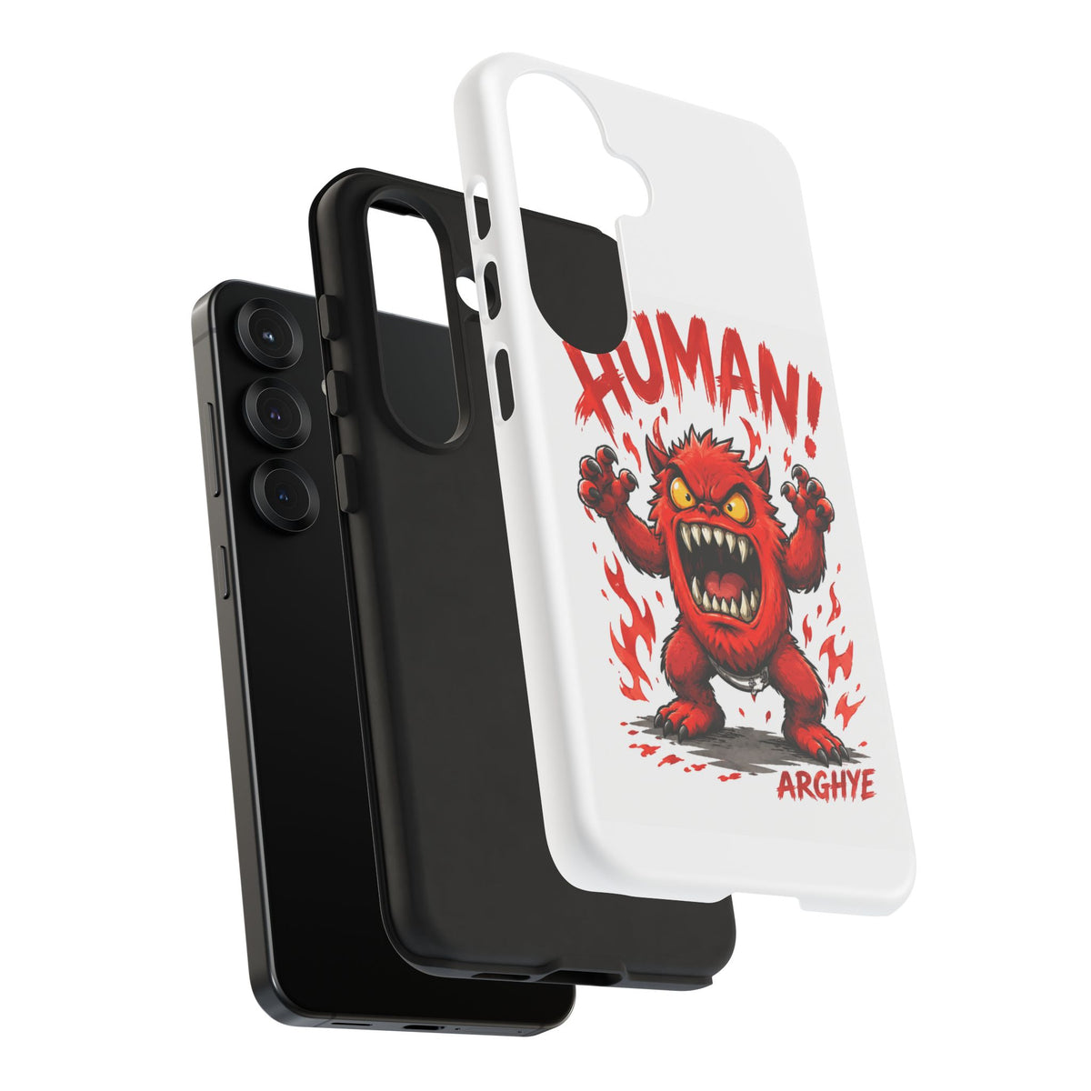 Angry Monster "HUMAN!" Phone Case — Cute Fiery Creature iPhone Cover
