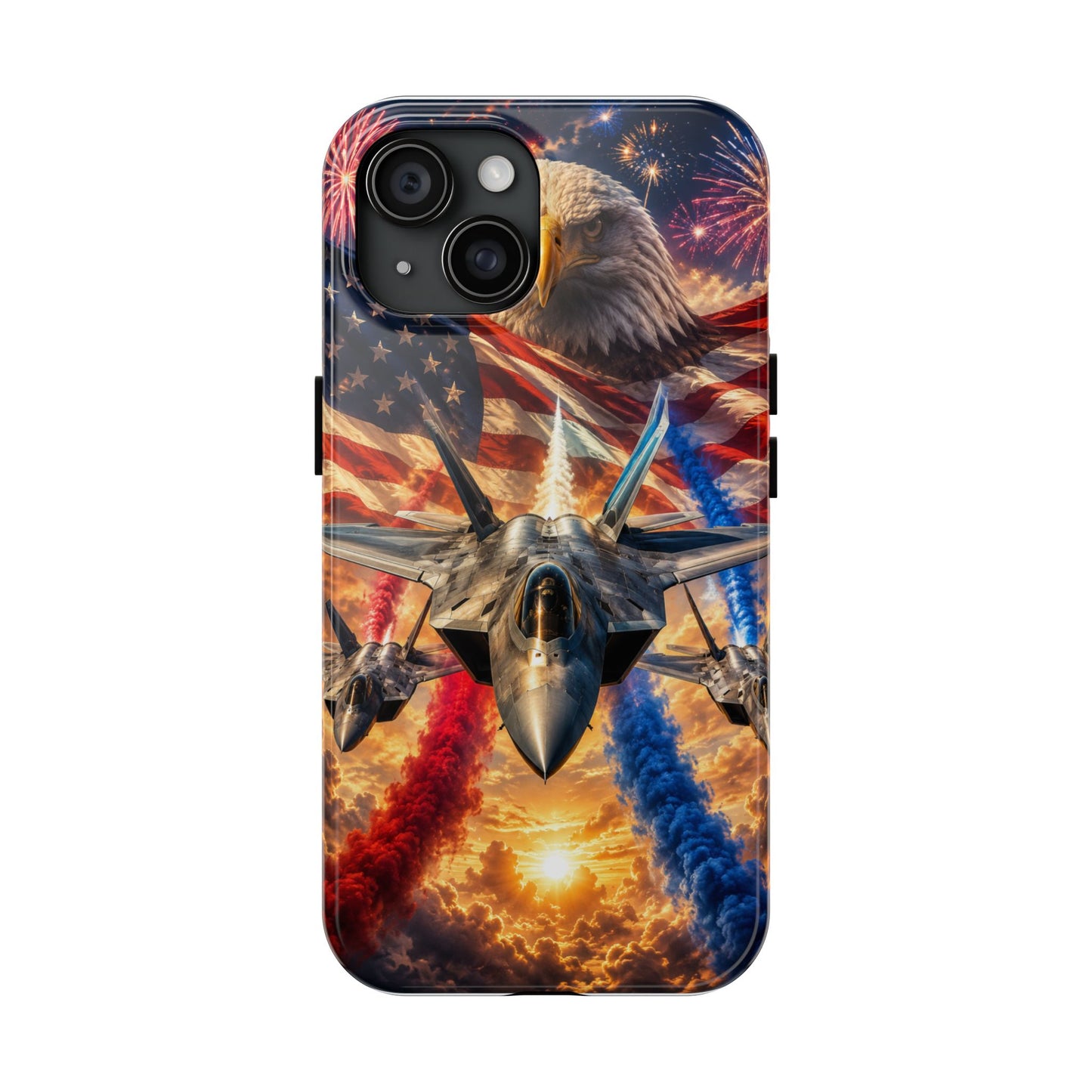 Patriotic Fighter Jet Phone Case with Eagle, American Flag & Fireworks Design